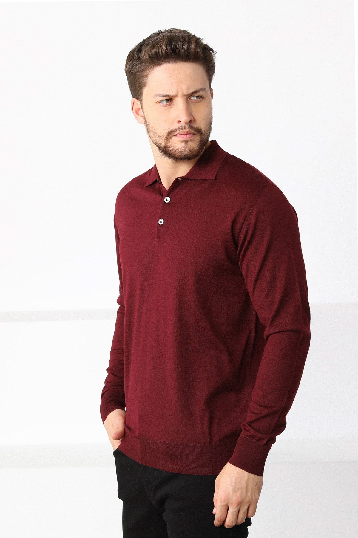 Ferraro Bordo Polo Yaka Erkek Triko Kazak