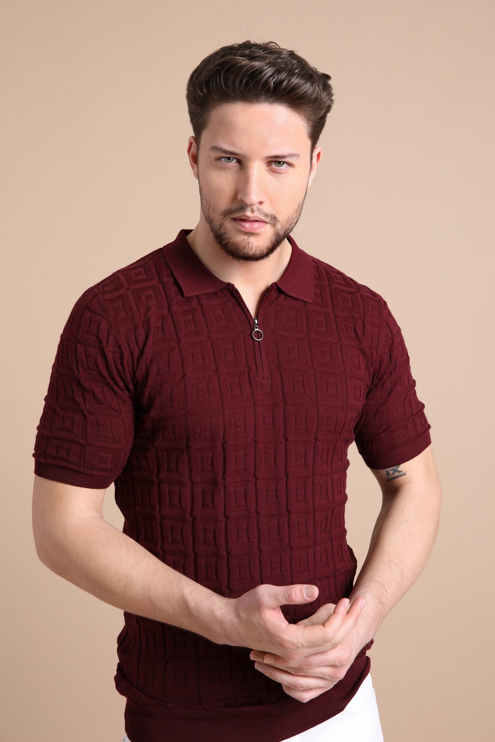 Ferraro Bordo Polo Yaka Fermuarlı Erkek Pamuk Triko T-Shirt