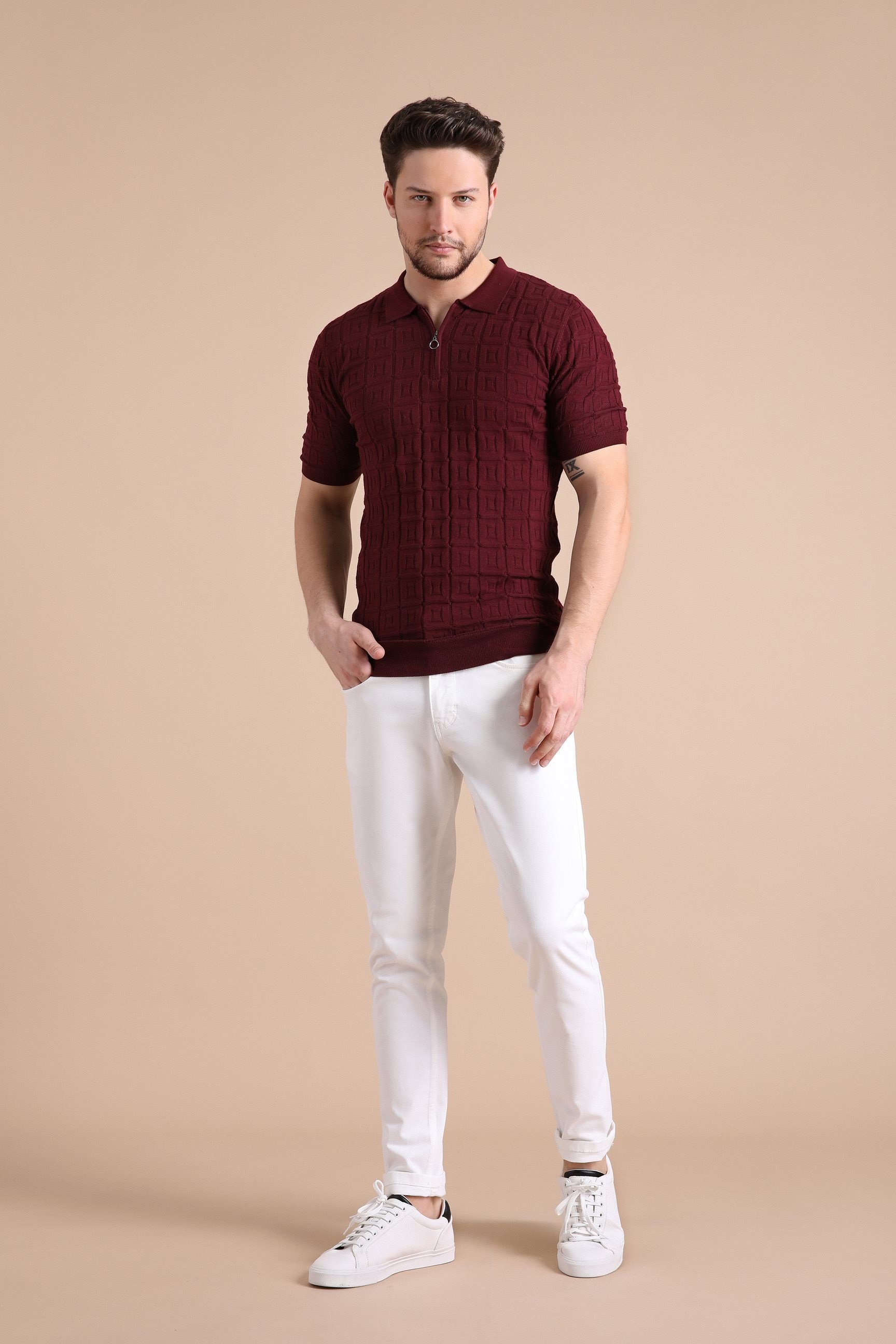 Ferraro Bordo Polo Yaka Fermuarlı Erkek Pamuk Triko T-Shirt