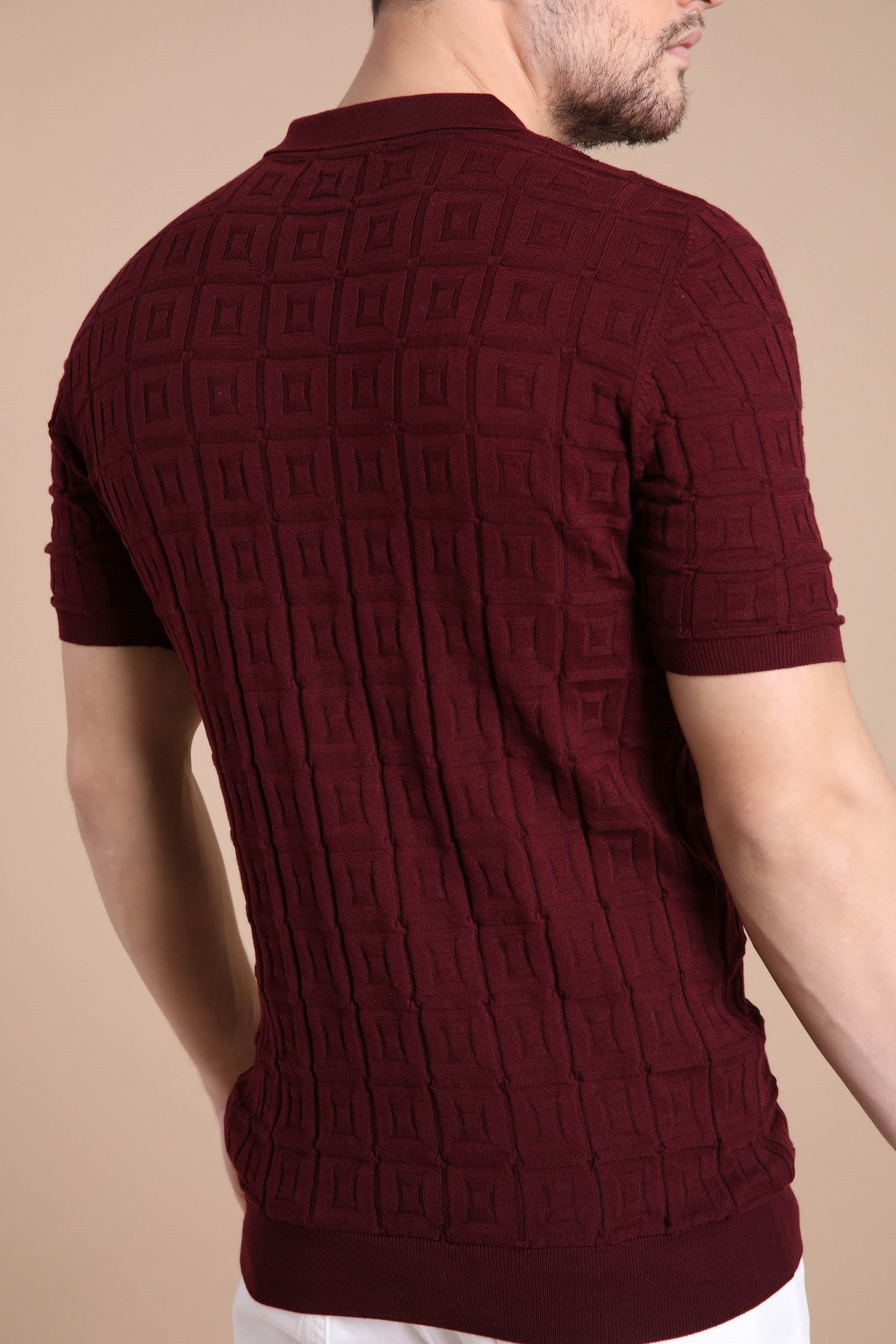 Ferraro Bordo Polo Yaka Fermuarlı Erkek Pamuk Triko T-Shirt