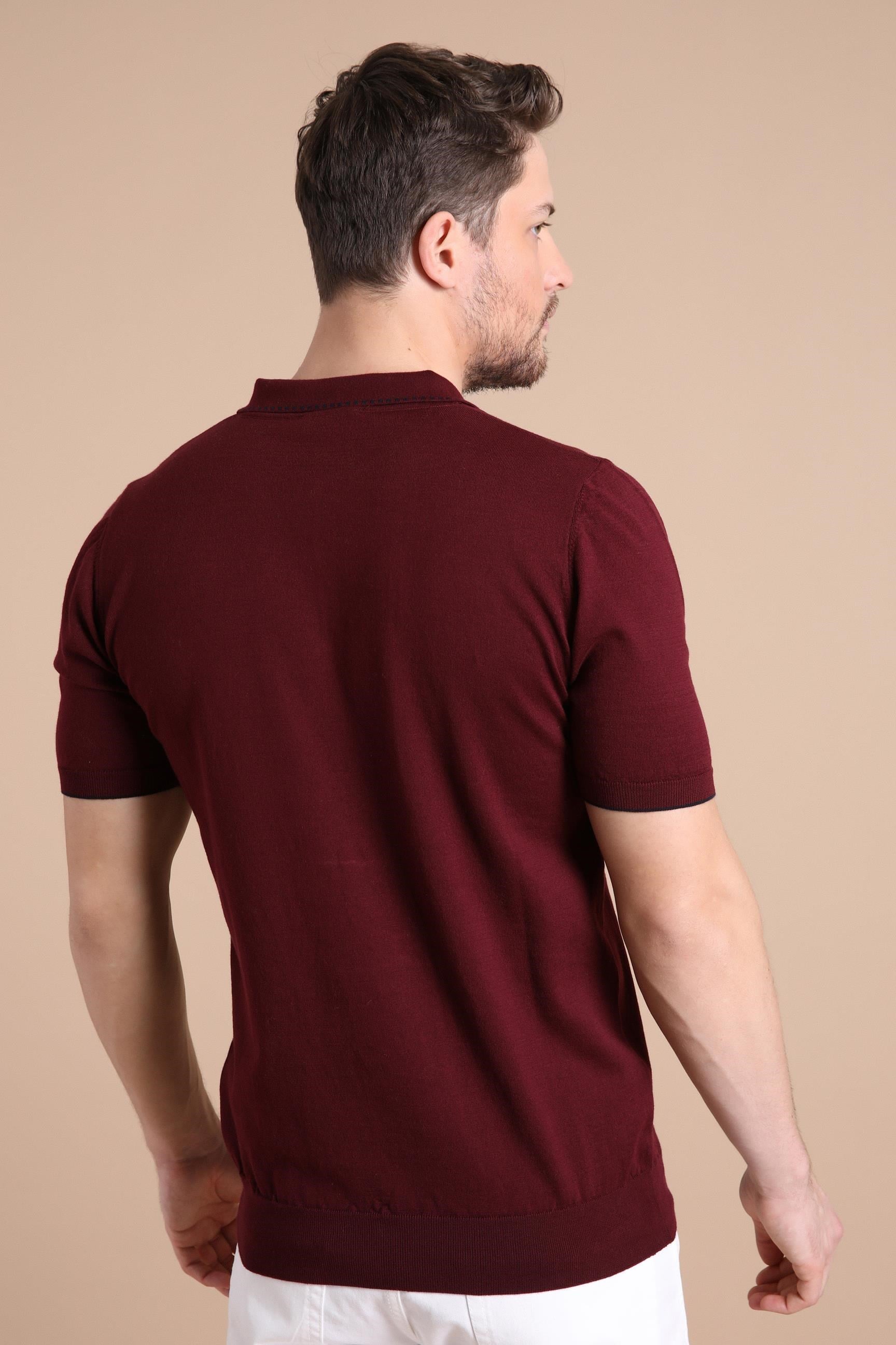 Ferraro Bordo Polo Yaka Fermuarlı Erkek Pamuk Triko T-Shirt