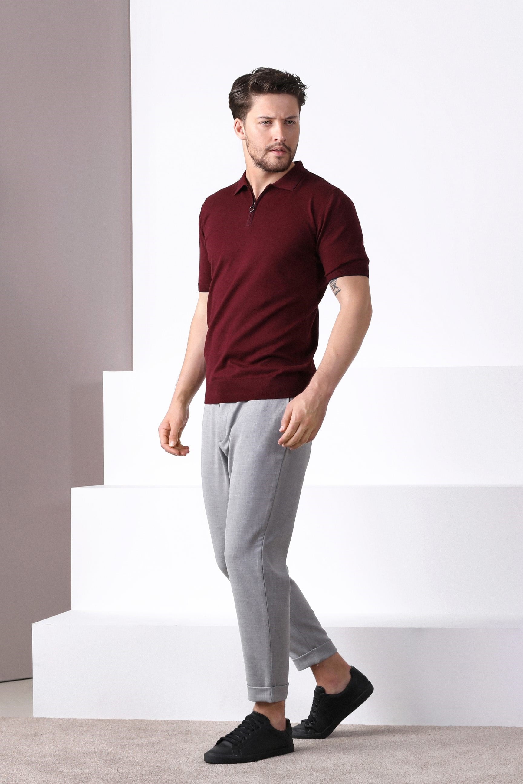 Ferraro Bordo Polo Yaka Fermuarlı Erkek Pamuk Triko T-Shirt