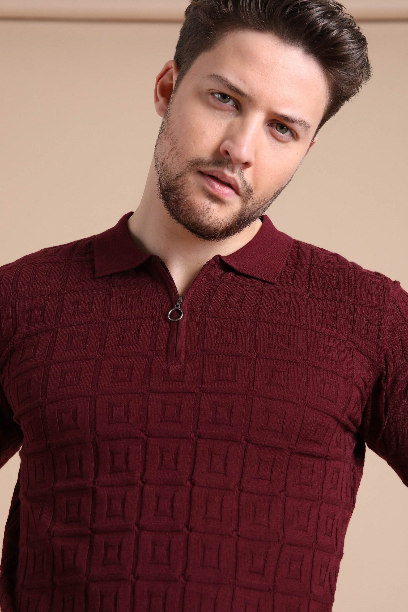 Ferraro Bordo Polo Yaka Fermuarlı Erkek Pamuk Triko T-Shirt