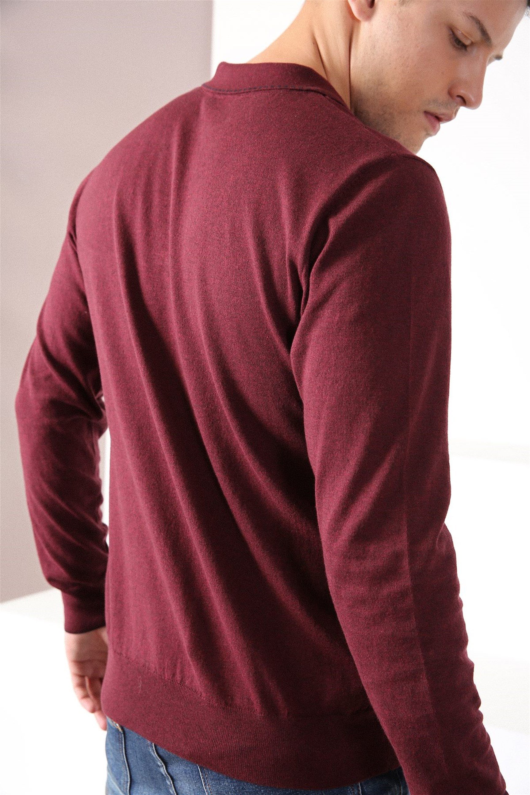 Ferraro Bordo Polo Yaka Fermuarlı Erkek Pamuk Kazak