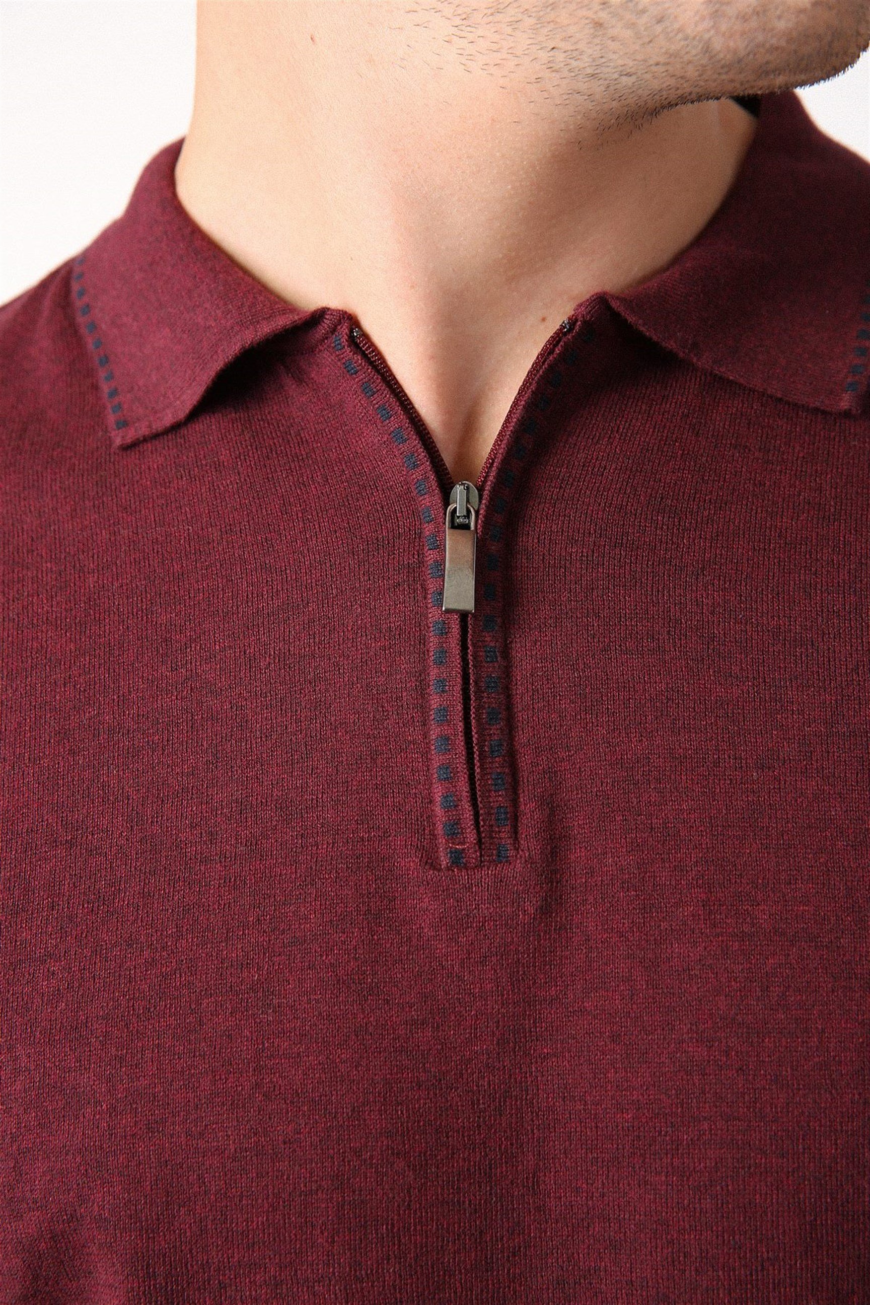 Ferraro Bordo Polo Yaka Fermuarlı Erkek Pamuk Kazak