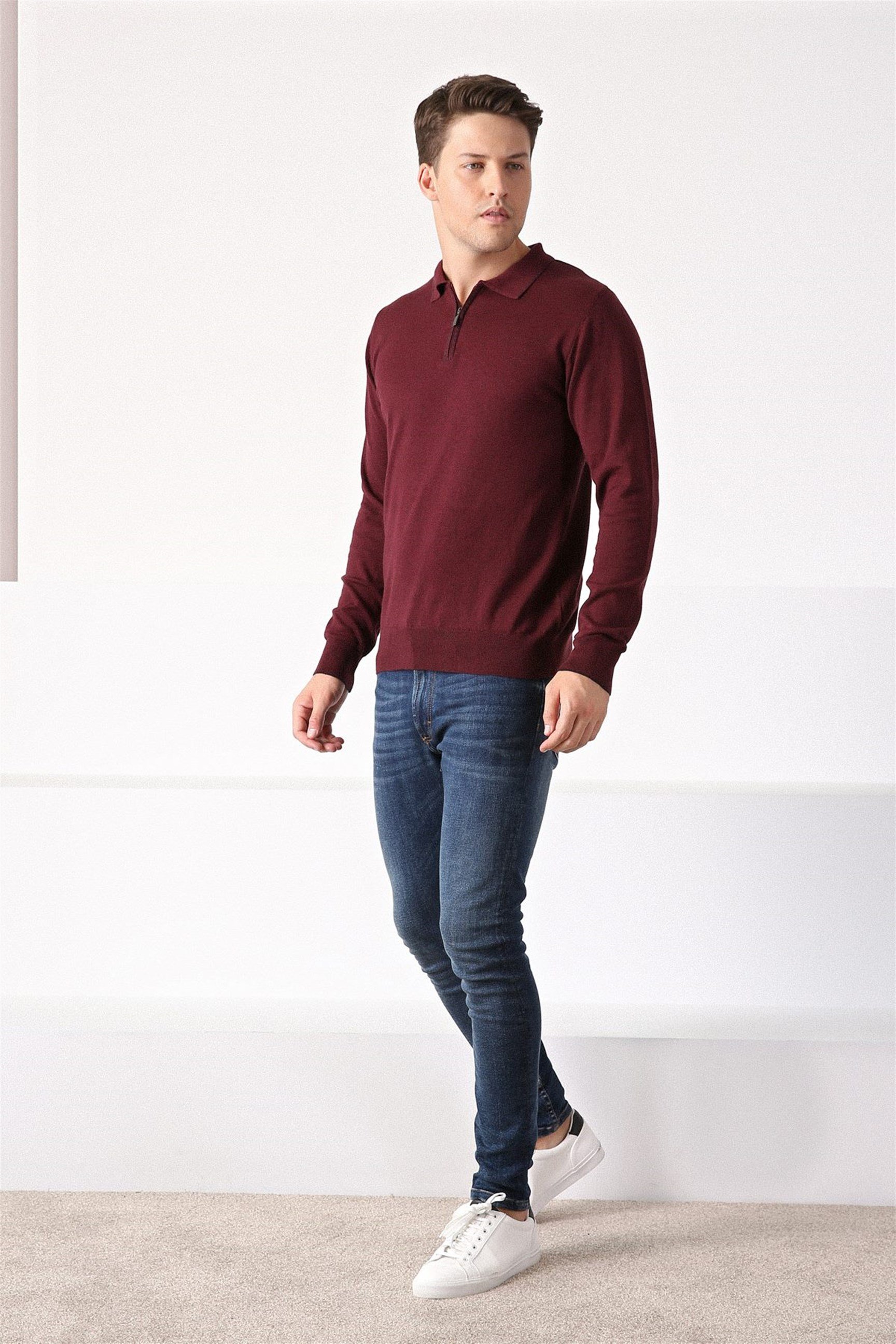 Ferraro Bordo Polo Yaka Fermuarlı Erkek Pamuk Kazak