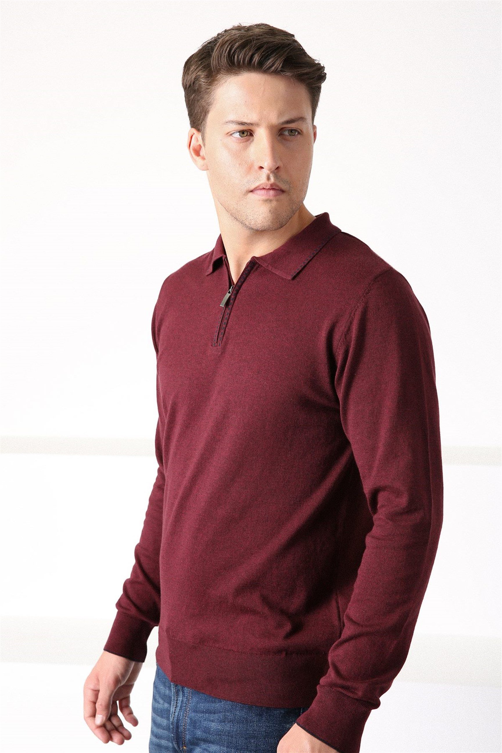 Ferraro Bordo Polo Yaka Fermuarlı Erkek Pamuk Kazak