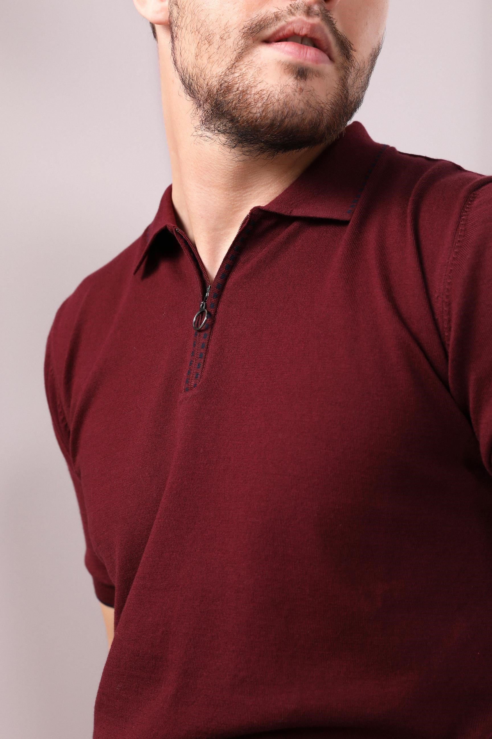 Ferraro Bordo Polo Yaka Fermuarlı Erkek Pamuk Triko T-Shirt