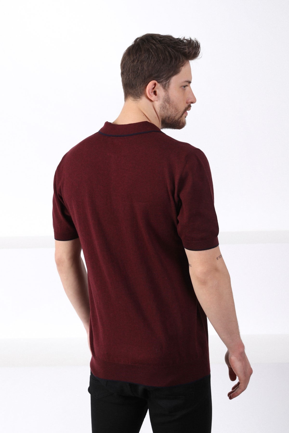 Ferraro Bordo Yaka Şerit Fermuarlı Erkek Pamuk Triko T-Shirt