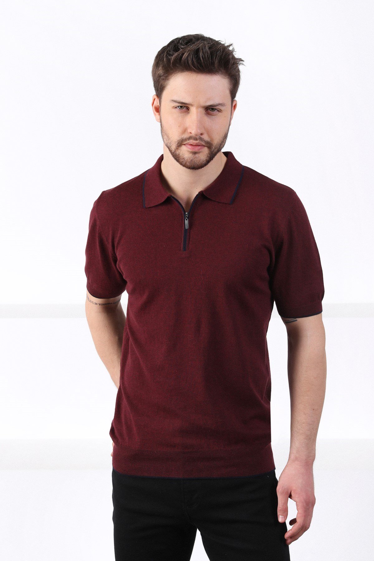 Ferraro Bordo Yaka Şerit Fermuarlı Erkek Pamuk Triko T-Shirt