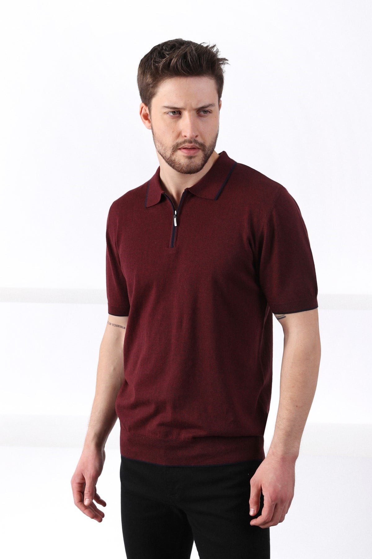 Ferraro Bordo Yaka Şerit Fermuarlı Erkek Pamuk Triko T-Shirt