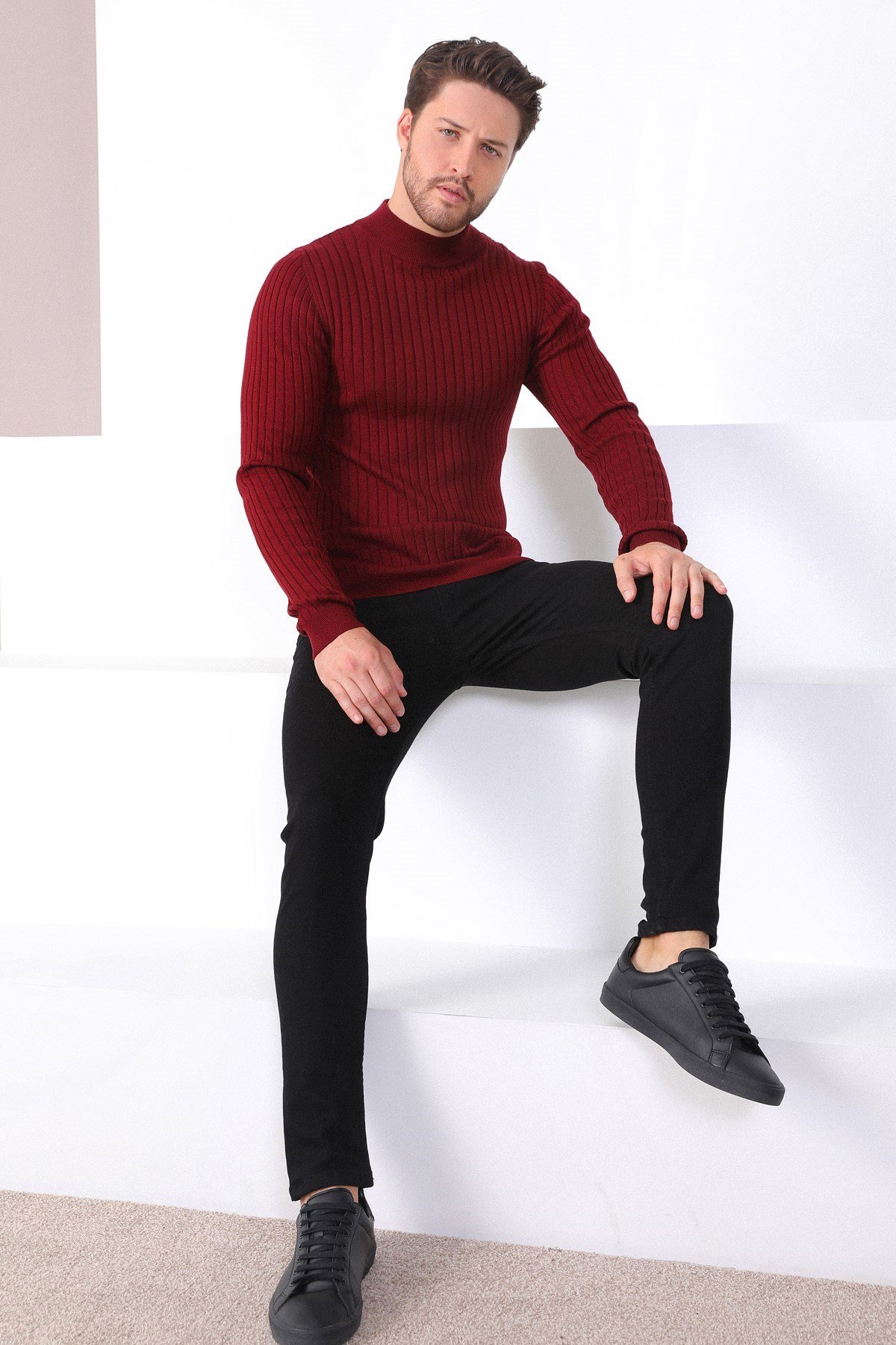 Ferraro Bordo Yarım Balıkçı Yaka Fitilli Erkek Kazak