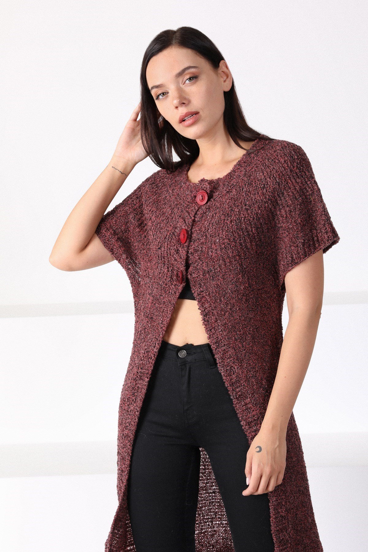 Ferraro Bordo Yuvarlak Yaka Uzun Kadın Triko Hırka