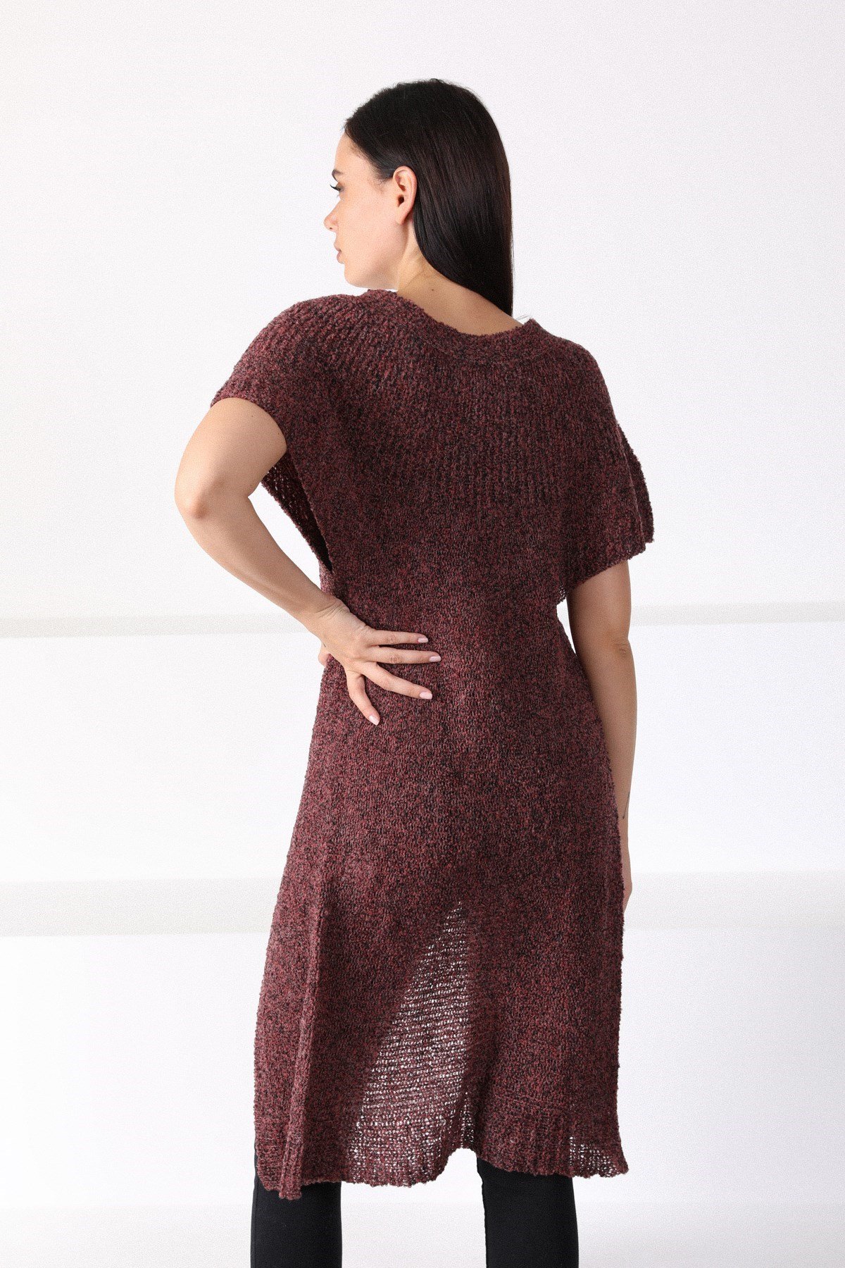 Ferraro Bordo Yuvarlak Yaka Uzun Kadın Triko Hırka