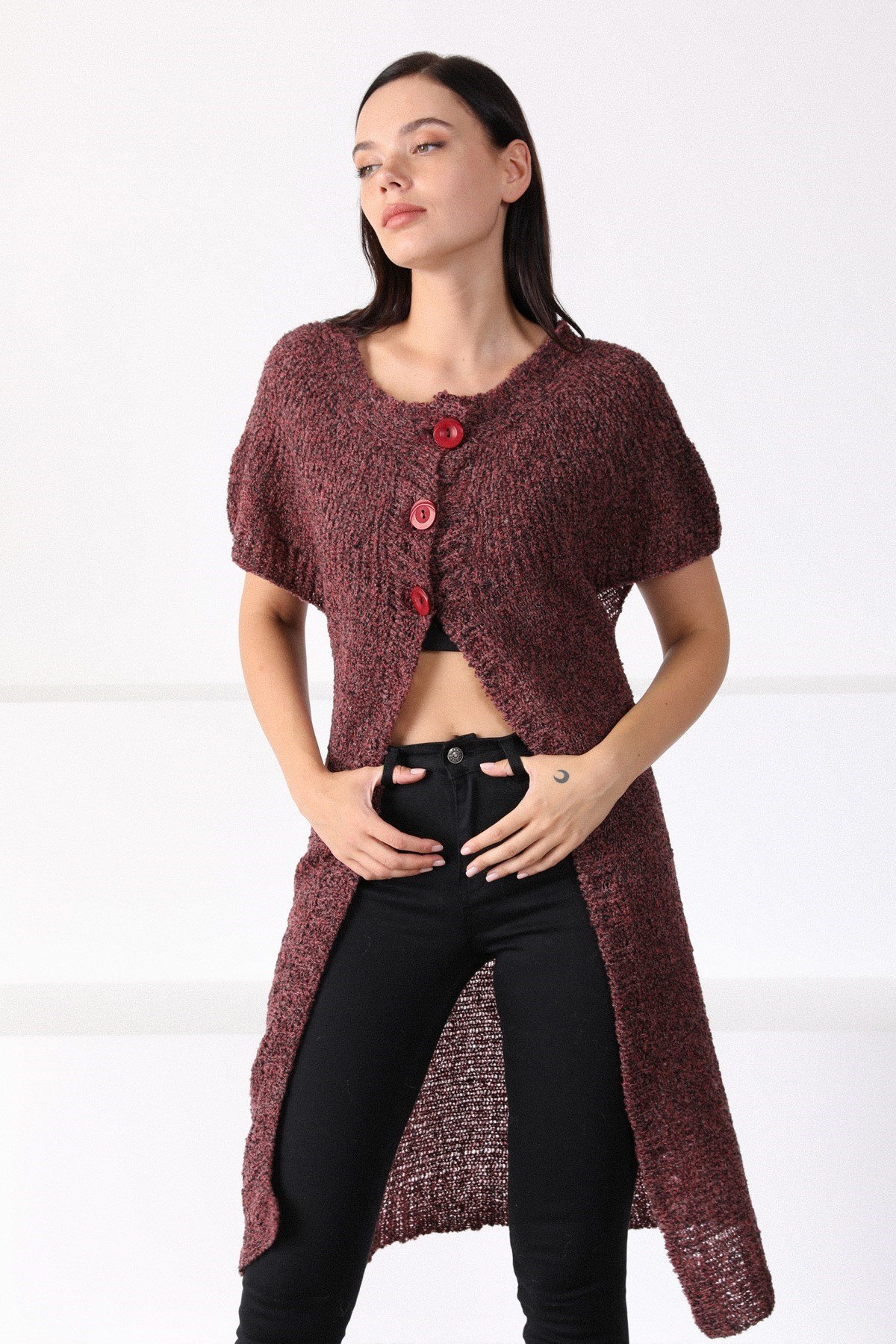 Ferraro Bordo Yuvarlak Yaka Uzun Kadın Triko Hırka