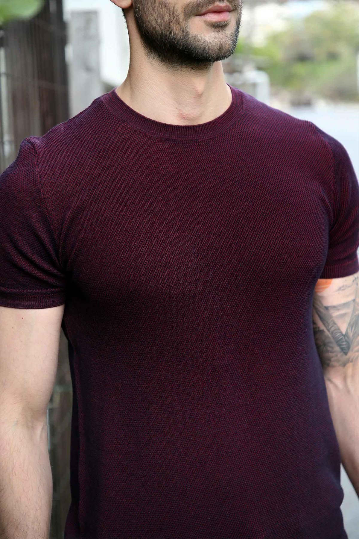 Ferraro Bordo/Laci Kuşgözü Desenli Bisiklet Yaka Erkek Triko T-Shirt