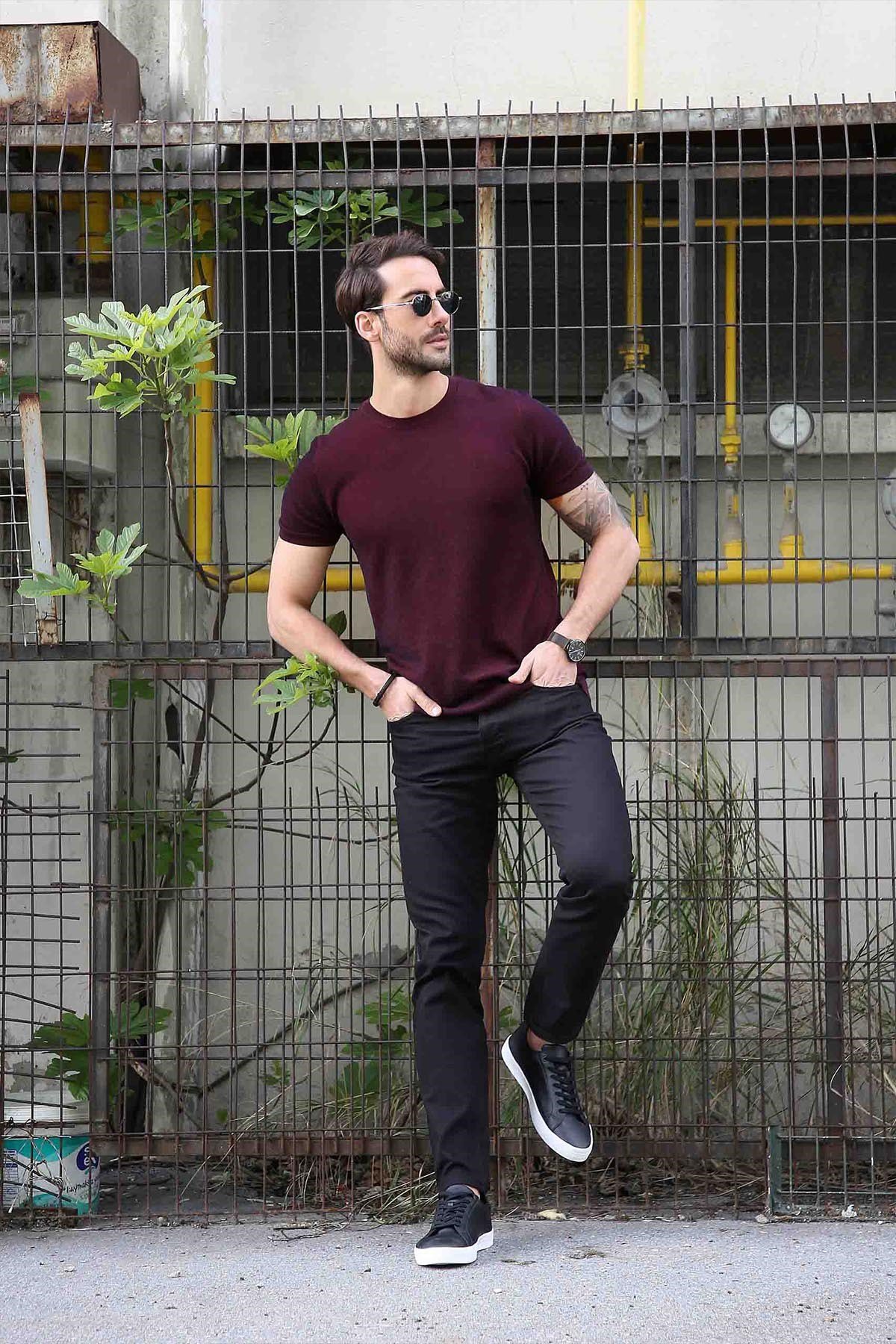 Ferraro Bordo/Laci Kuşgözü Desenli Bisiklet Yaka Erkek Triko T-Shirt