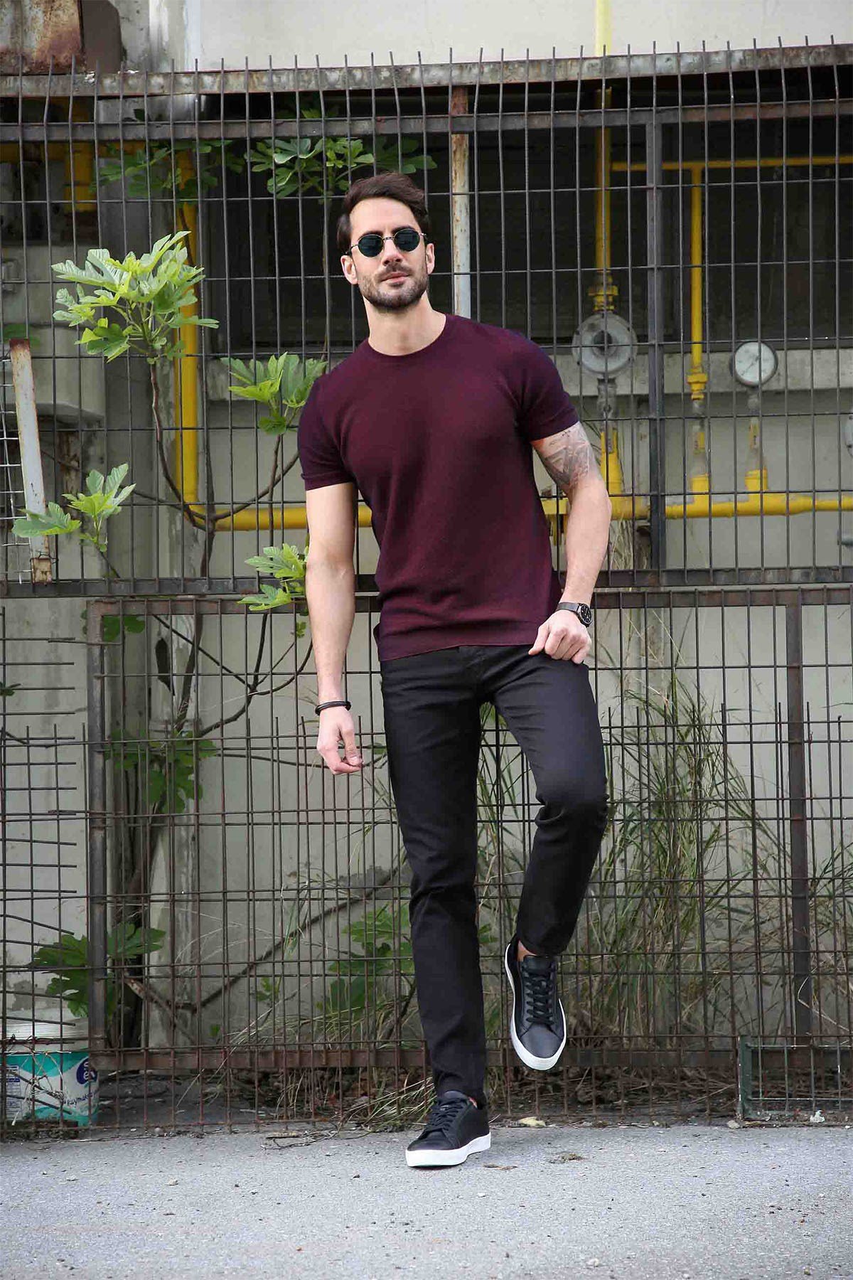 Ferraro Bordo/Laci Kuşgözü Desenli Bisiklet Yaka Erkek Triko T-Shirt