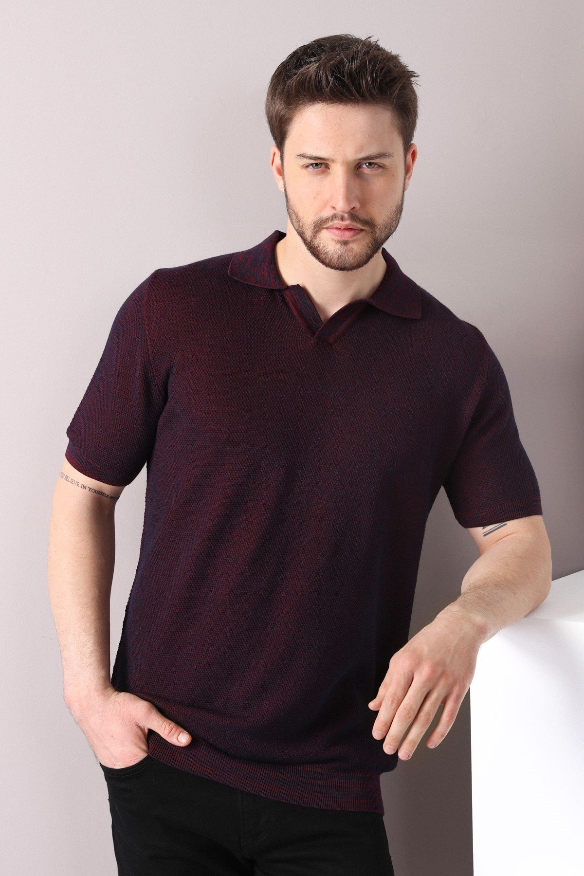 Ferraro Bordo/Laci Kuşgözü Desenli Polo Yaka Erkek Triko T-Shirt