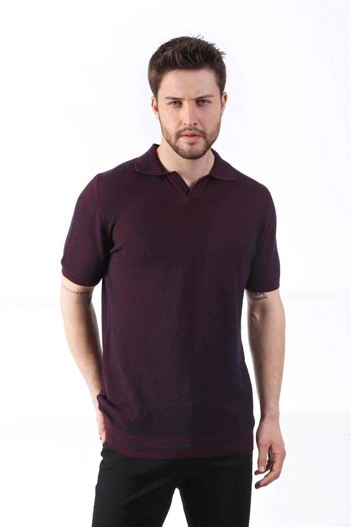 Ferraro Bordo/Laci Kuşgözü Desenli Polo Yaka Erkek Triko T-Shirt