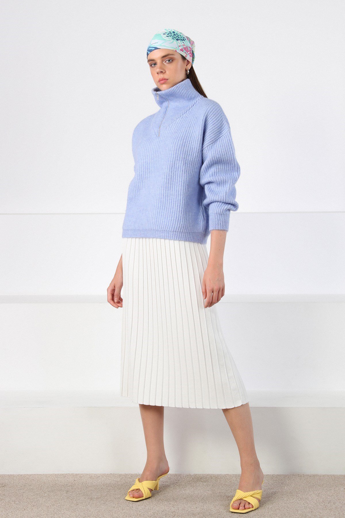 Ferraro Brunnera Blue Fermuarlı Yarım Balıkçı Yaka Kadın Triko Kazak