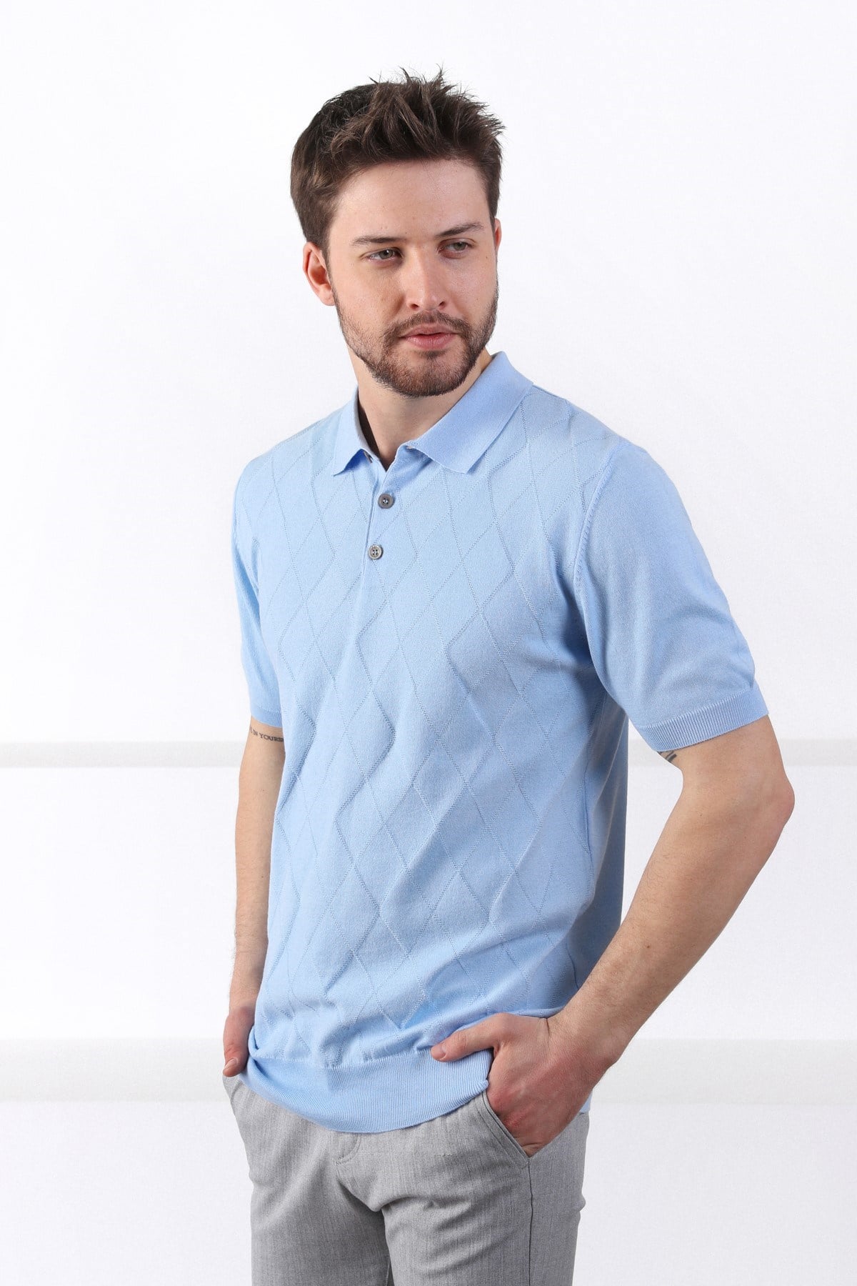 Ferraro Buzmavi Polo Yaka Baklava Desen Erkek Pamuk Triko T-Shirt