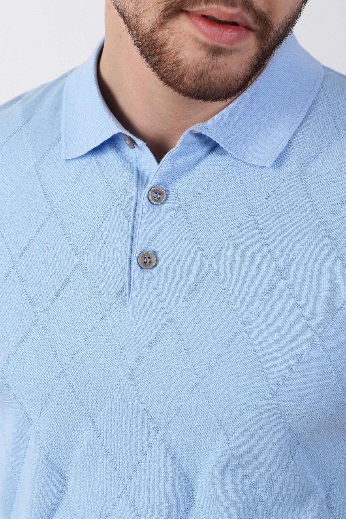 Ferraro Buzmavi Polo Yaka Baklava Desen Erkek Pamuk Triko T-Shirt
