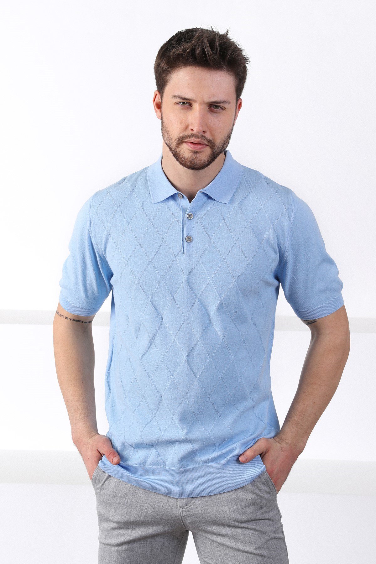 Ferraro Buzmavi Polo Yaka Baklava Desen Erkek Pamuk Triko T-Shirt