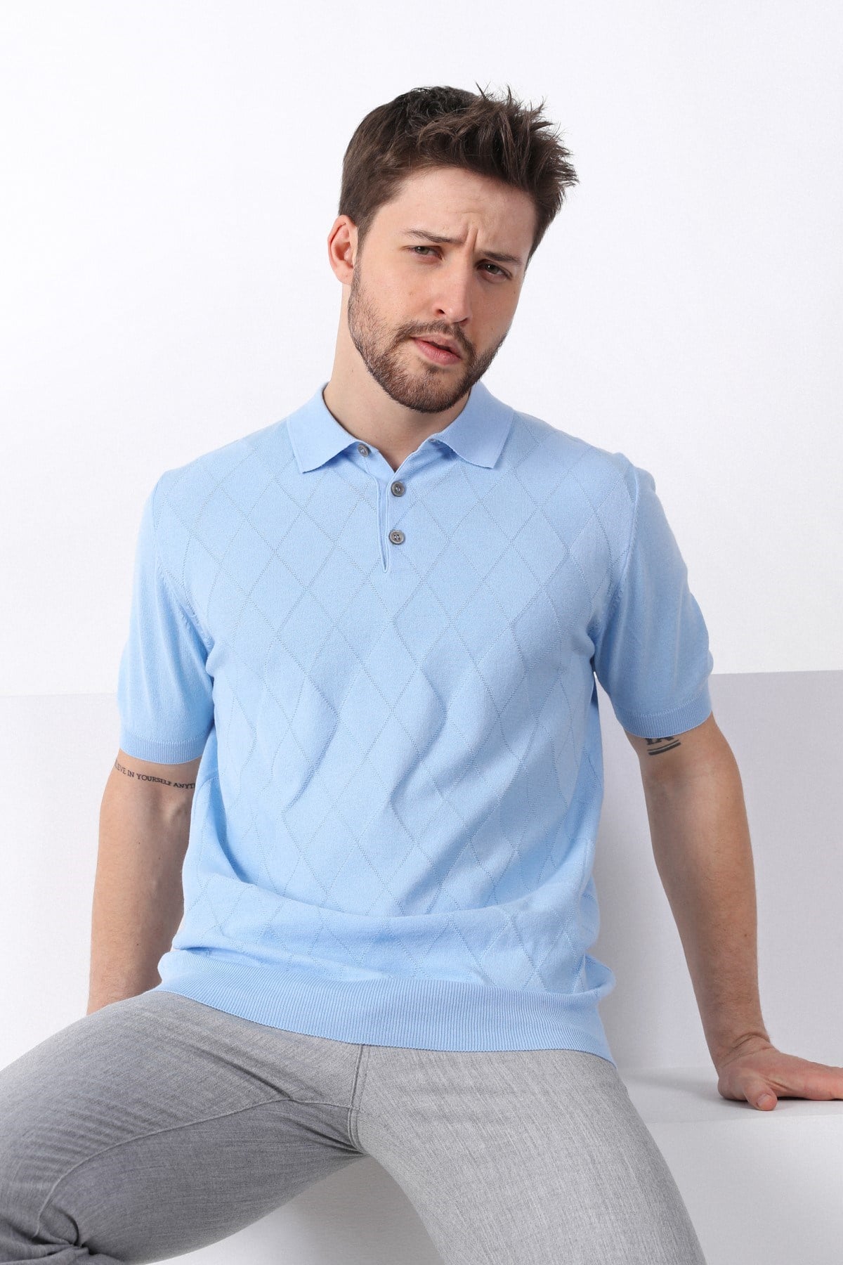 Ferraro Buzmavi Polo Yaka Baklava Desen Erkek Pamuk Triko T-Shirt