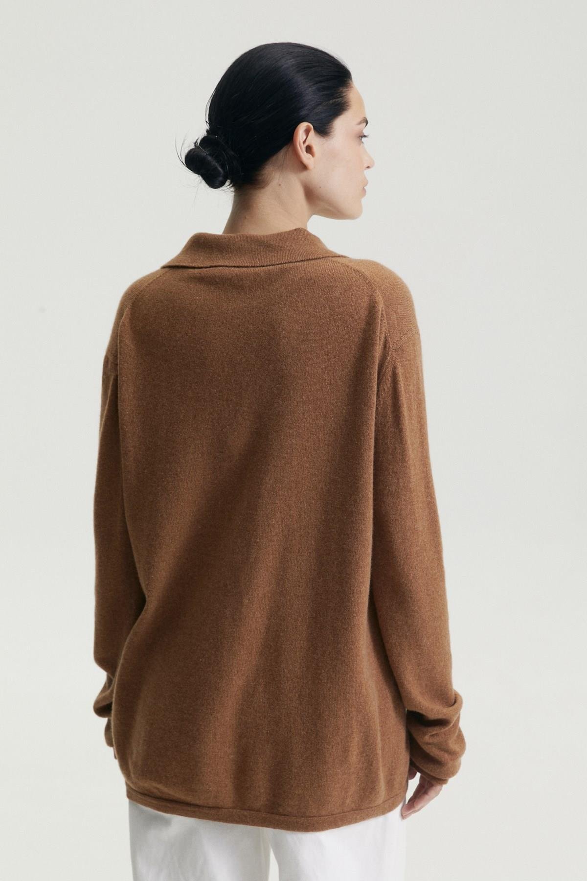 Ferraro Camel %100 Cashmere Gömlek Yaka Düğmeli Kadın Triko Ceket