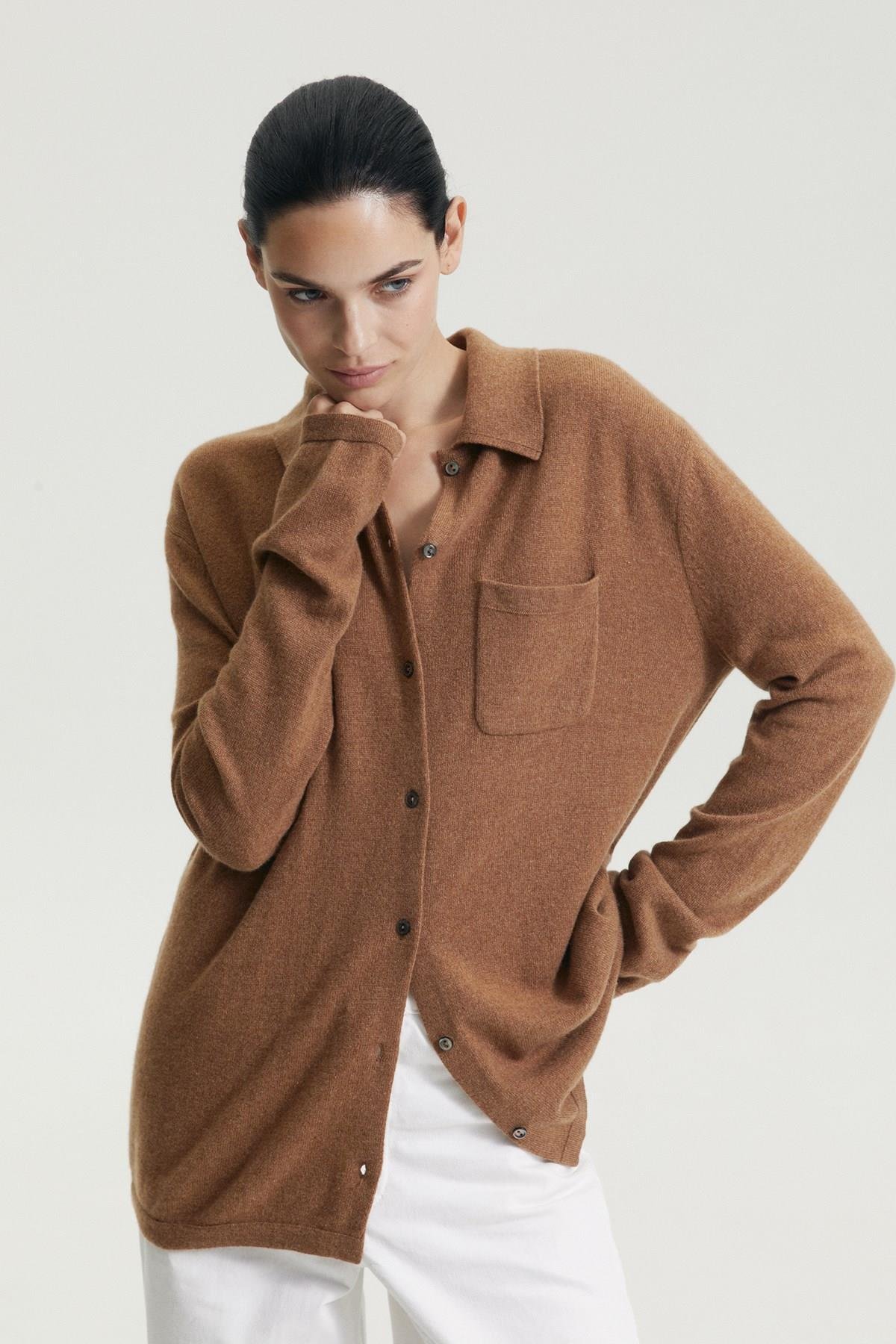 Ferraro Camel %100 Cashmere Gömlek Yaka Düğmeli Kadın Triko Ceket