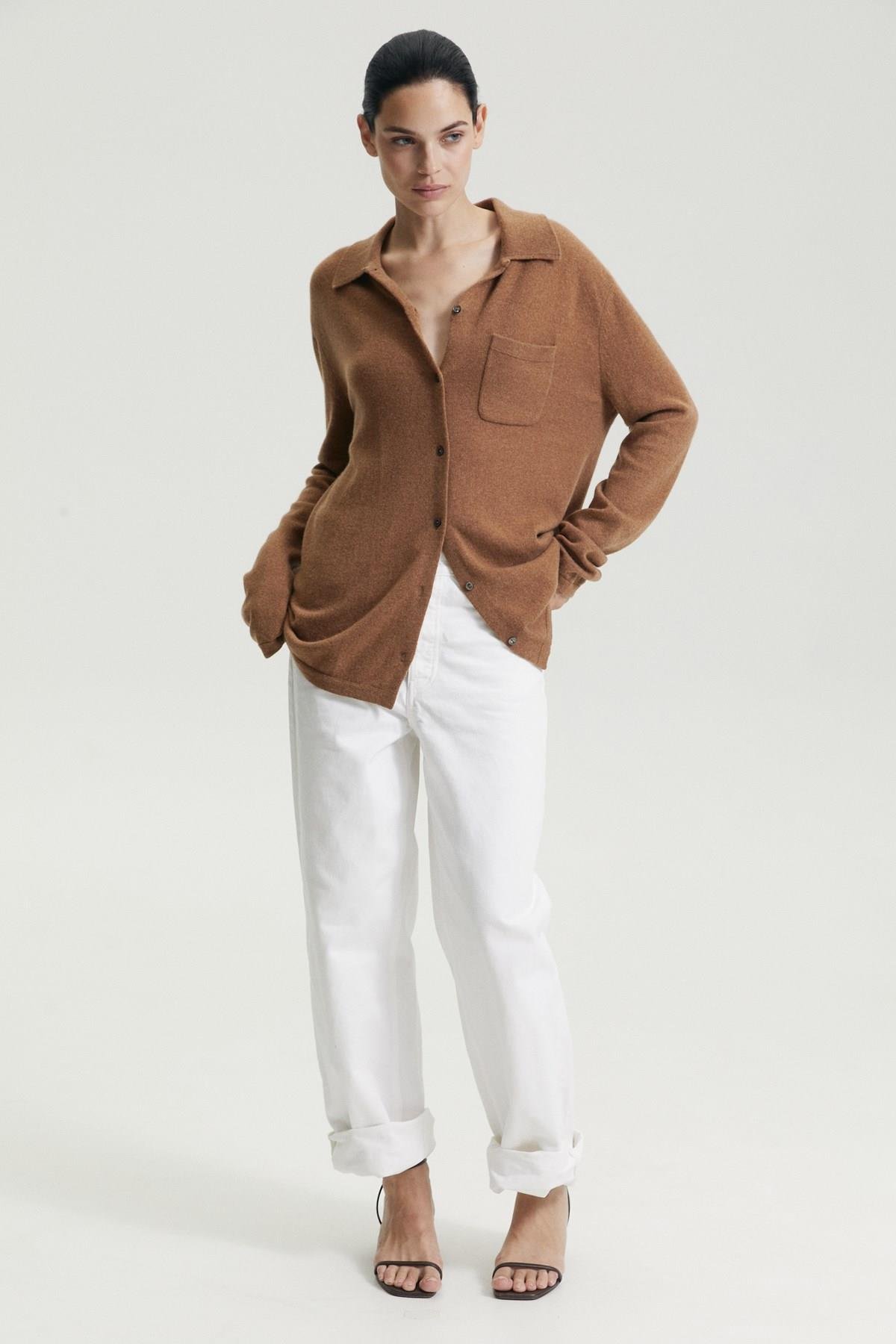 Ferraro Camel %100 Cashmere Gömlek Yaka Düğmeli Kadın Triko Ceket