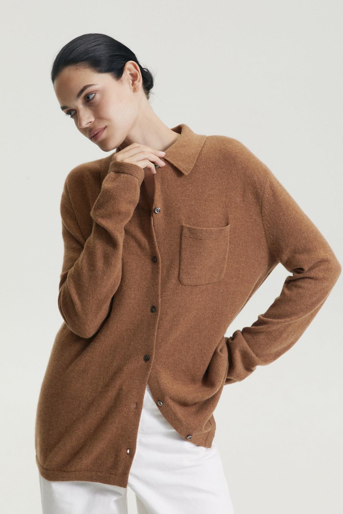 Ferraro Camel %100 Cashmere Gömlek Yaka Düğmeli Kadın Triko Ceket
