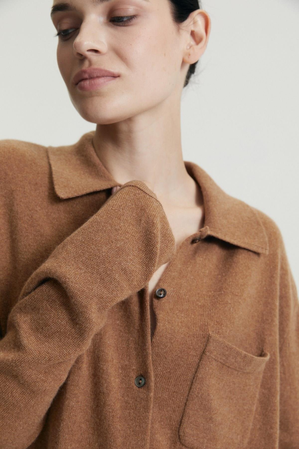 Ferraro Camel %100 Cashmere Gömlek Yaka Düğmeli Kadın Triko Ceket