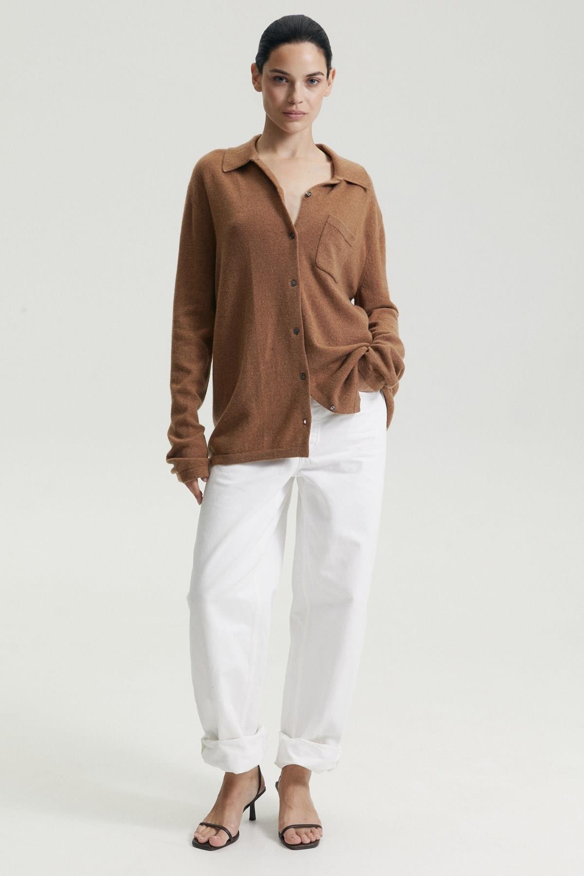 Ferraro Camel %100 Cashmere Gömlek Yaka Düğmeli Kadın Triko Ceket