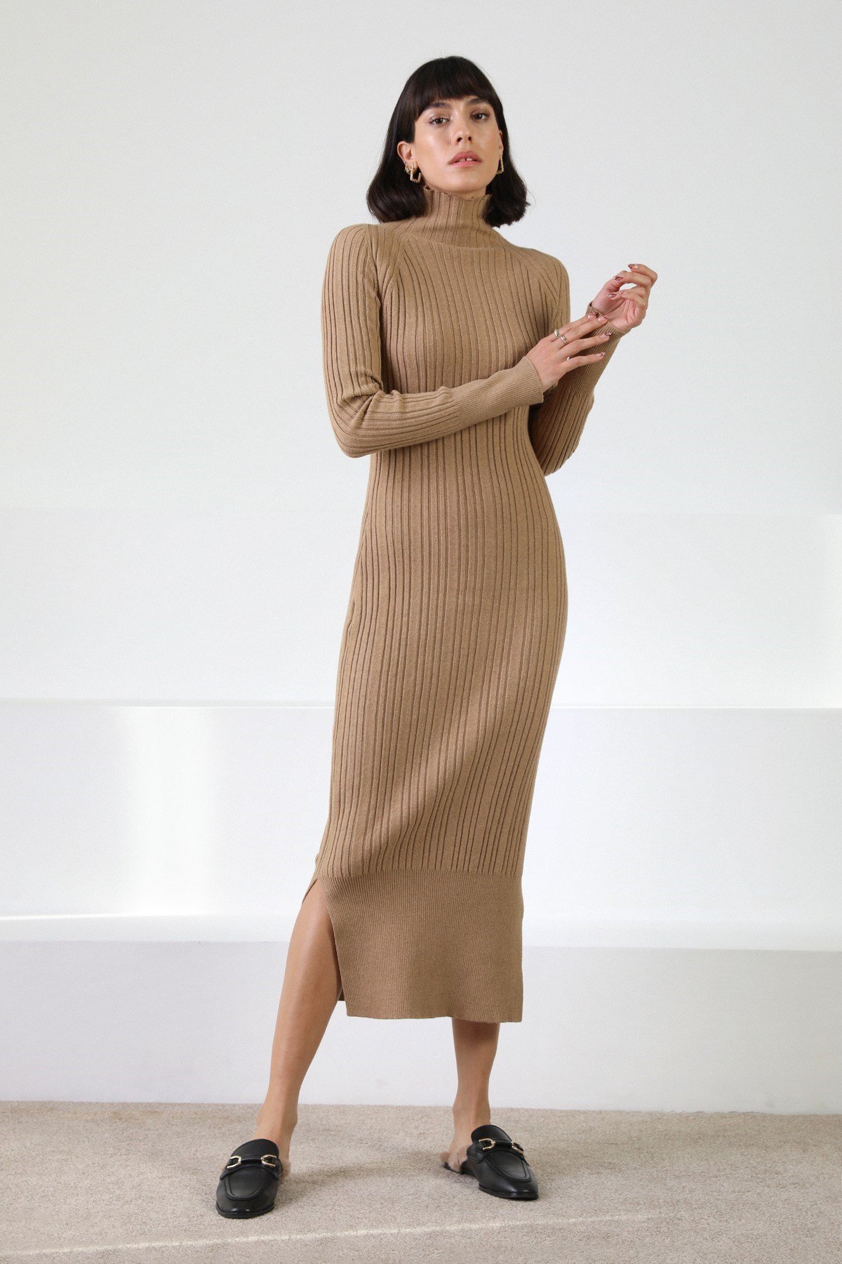 Ferraro Camel Balıkçı Yaka Kaşmirli Kadın Triko Elbise