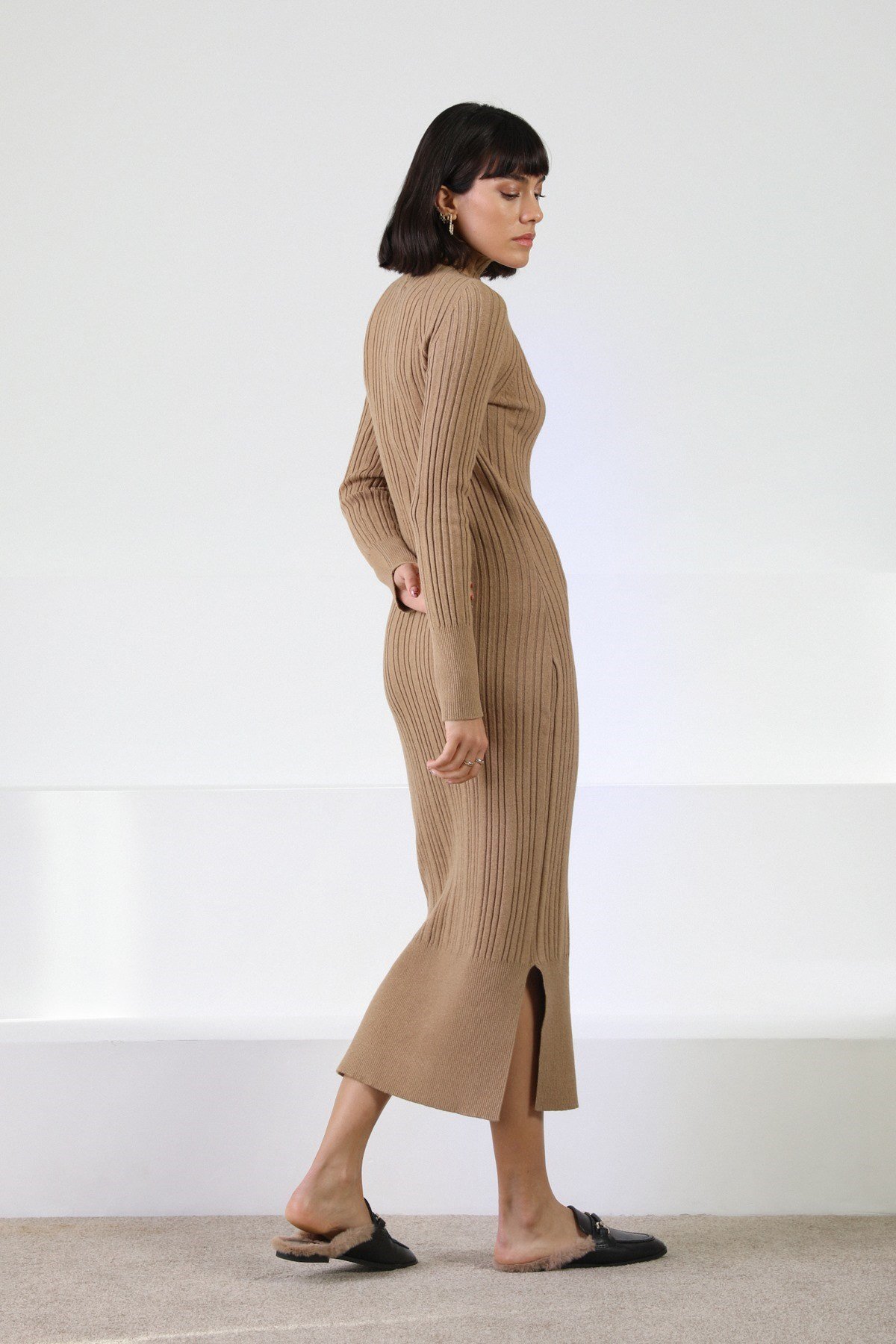 Ferraro Camel Balıkçı Yaka Kaşmirli Kadın Triko Elbise