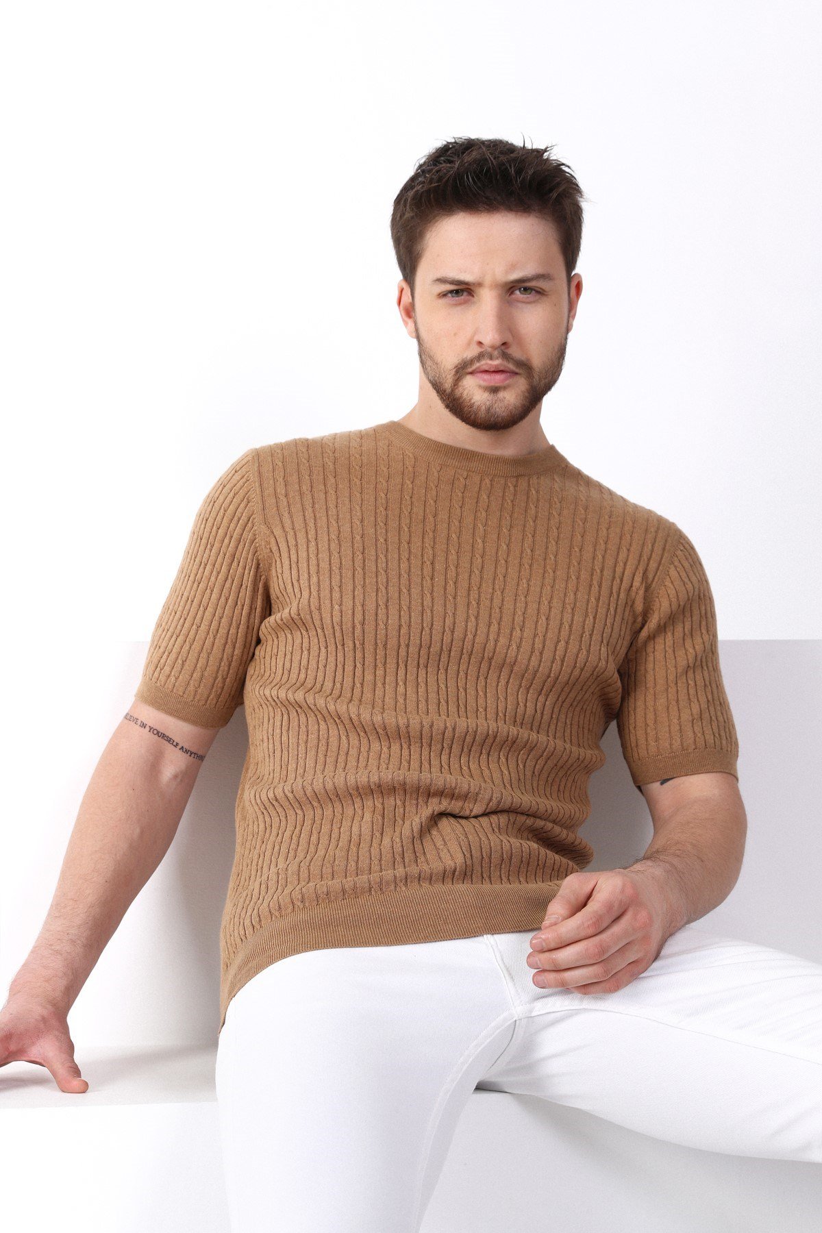 Ferraro Camel Bisiklet Yaka Erkek Pamuk Triko T-Shirt