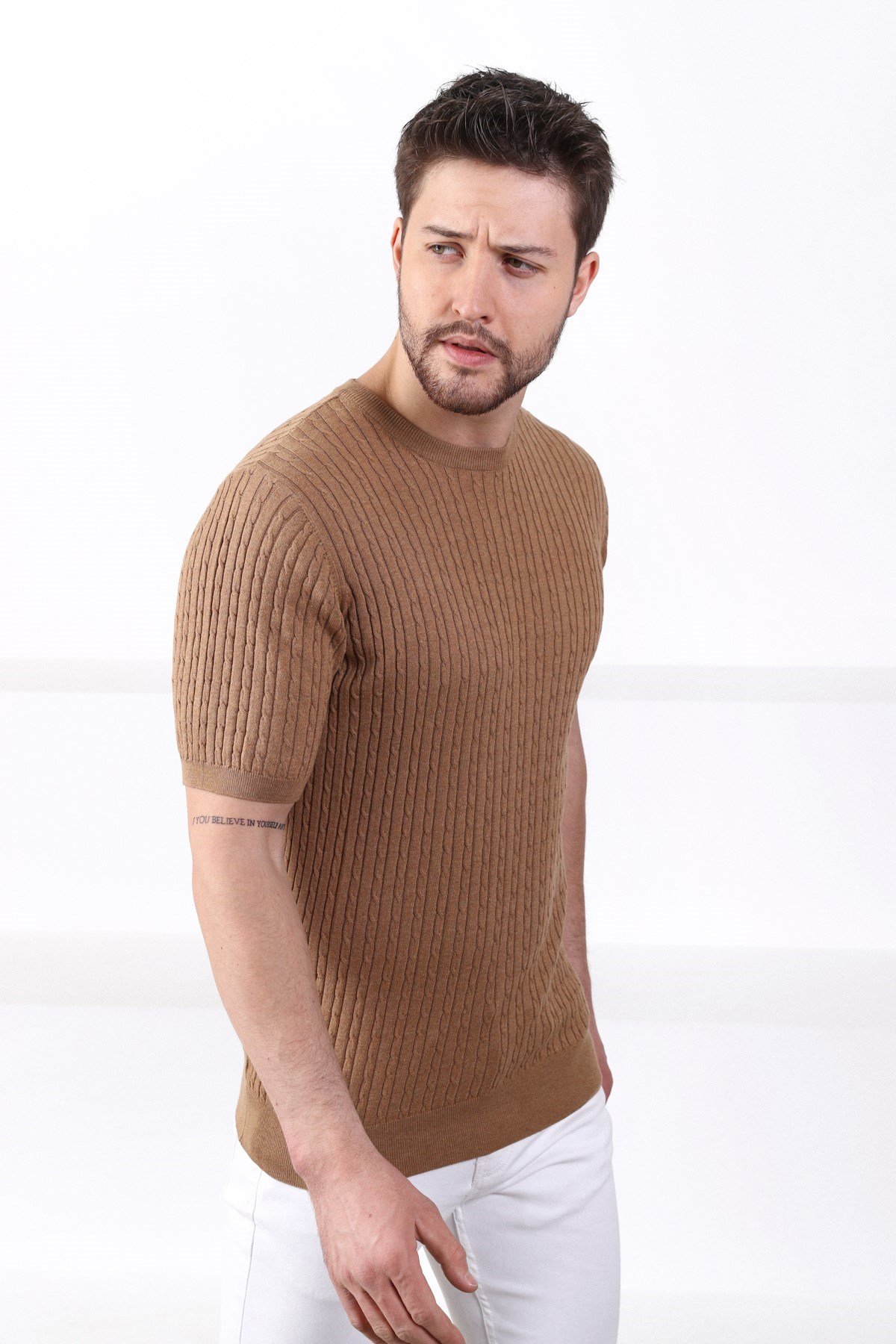 Ferraro Camel Bisiklet Yaka Erkek Pamuk Triko T-Shirt