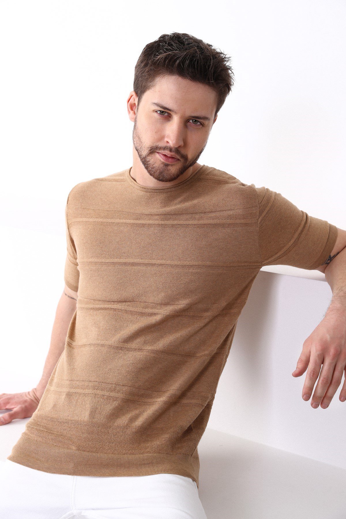 Ferraro Camel Bisiklet Yaka Erkek Pamuk Triko T-Shirt