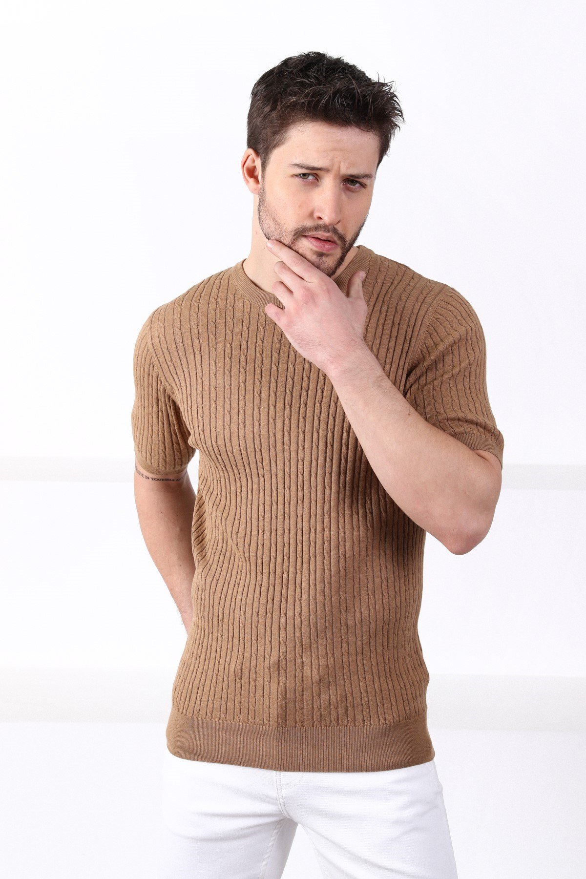 Ferraro Camel Bisiklet Yaka Erkek Pamuk Triko T-Shirt