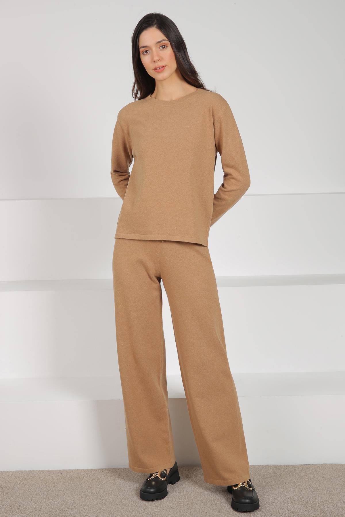 Ferraro Camel Bisiklet Yaka Kolu Lastiksiz Kaşmirli Kadın Triko