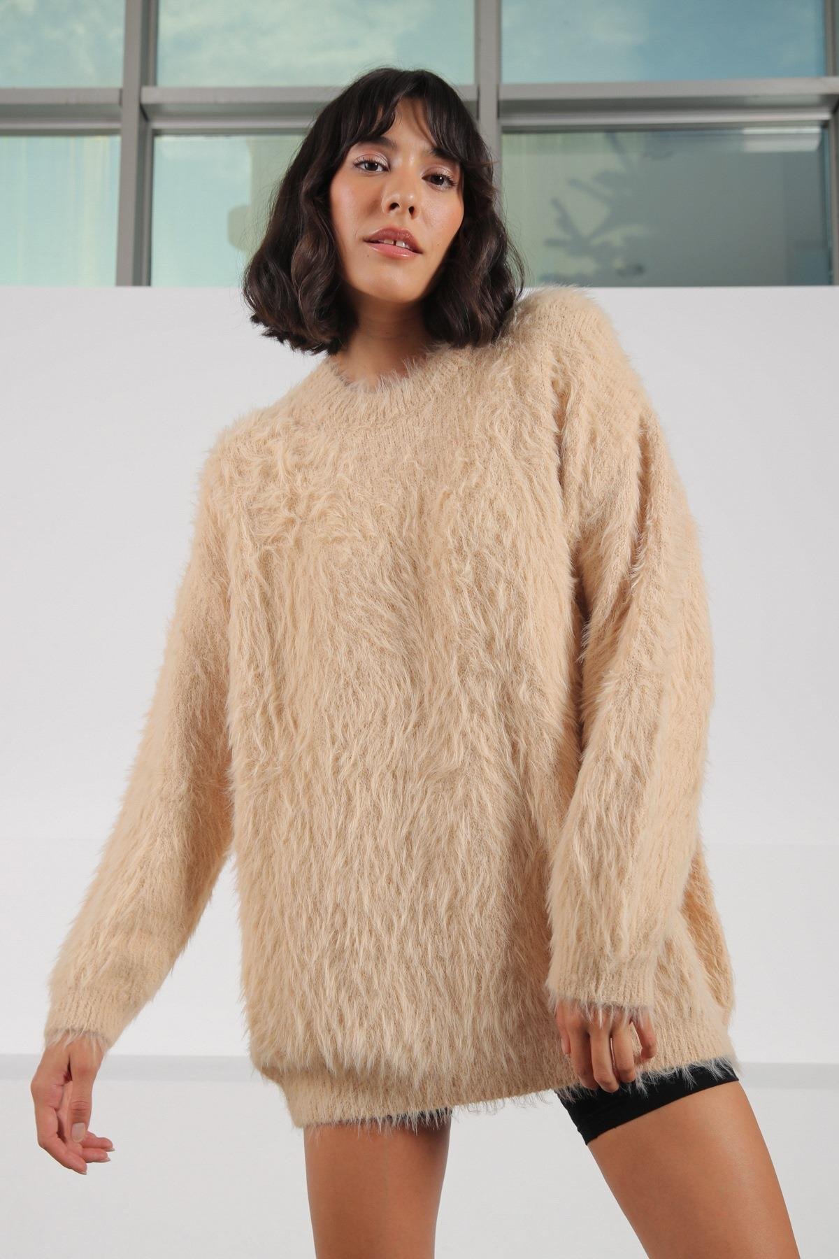 Ferraro Camel Bisiklet Yaka Yünlü Kadın Triko Kazak