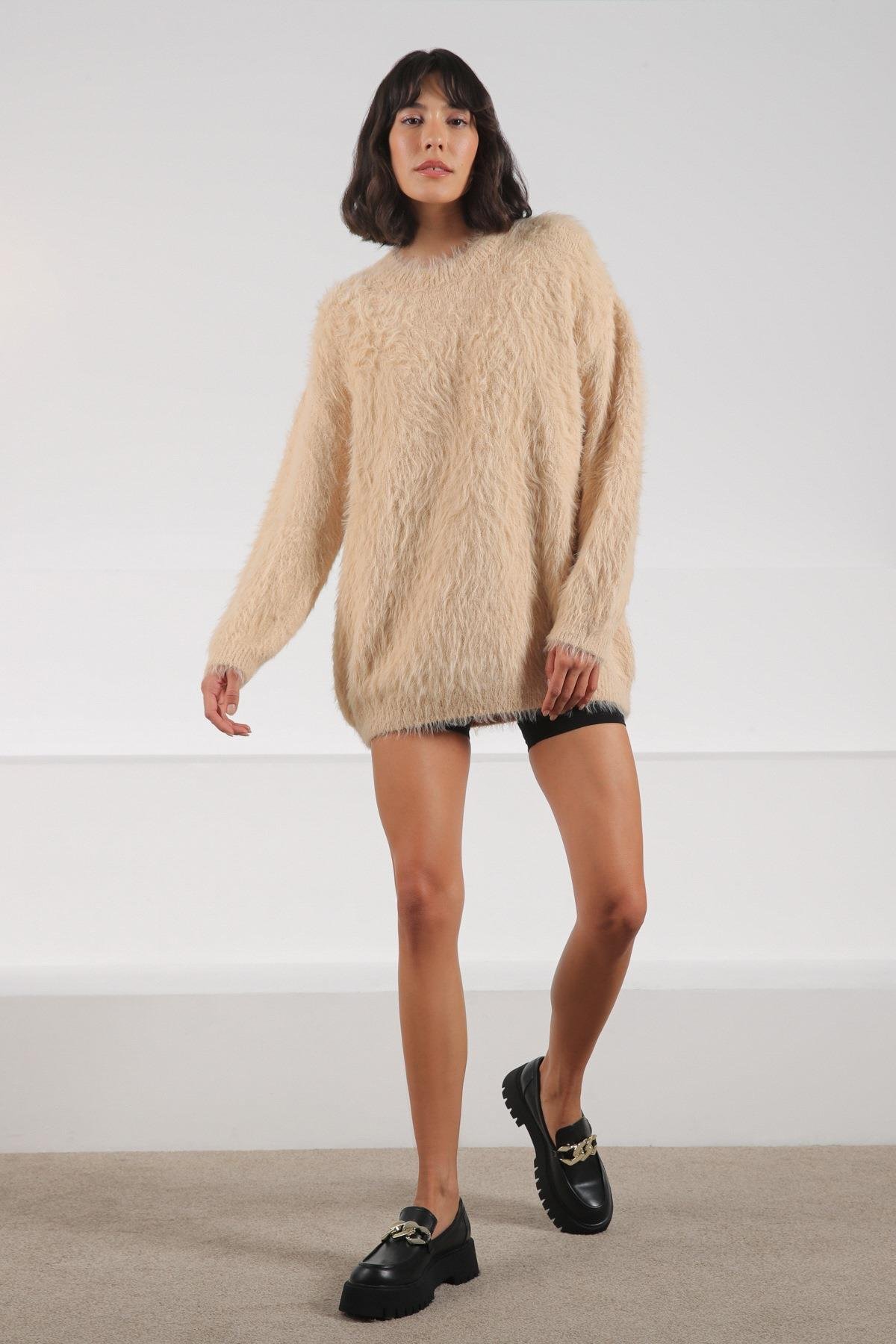 Ferraro Camel Bisiklet Yaka Yünlü Kadın Triko Kazak