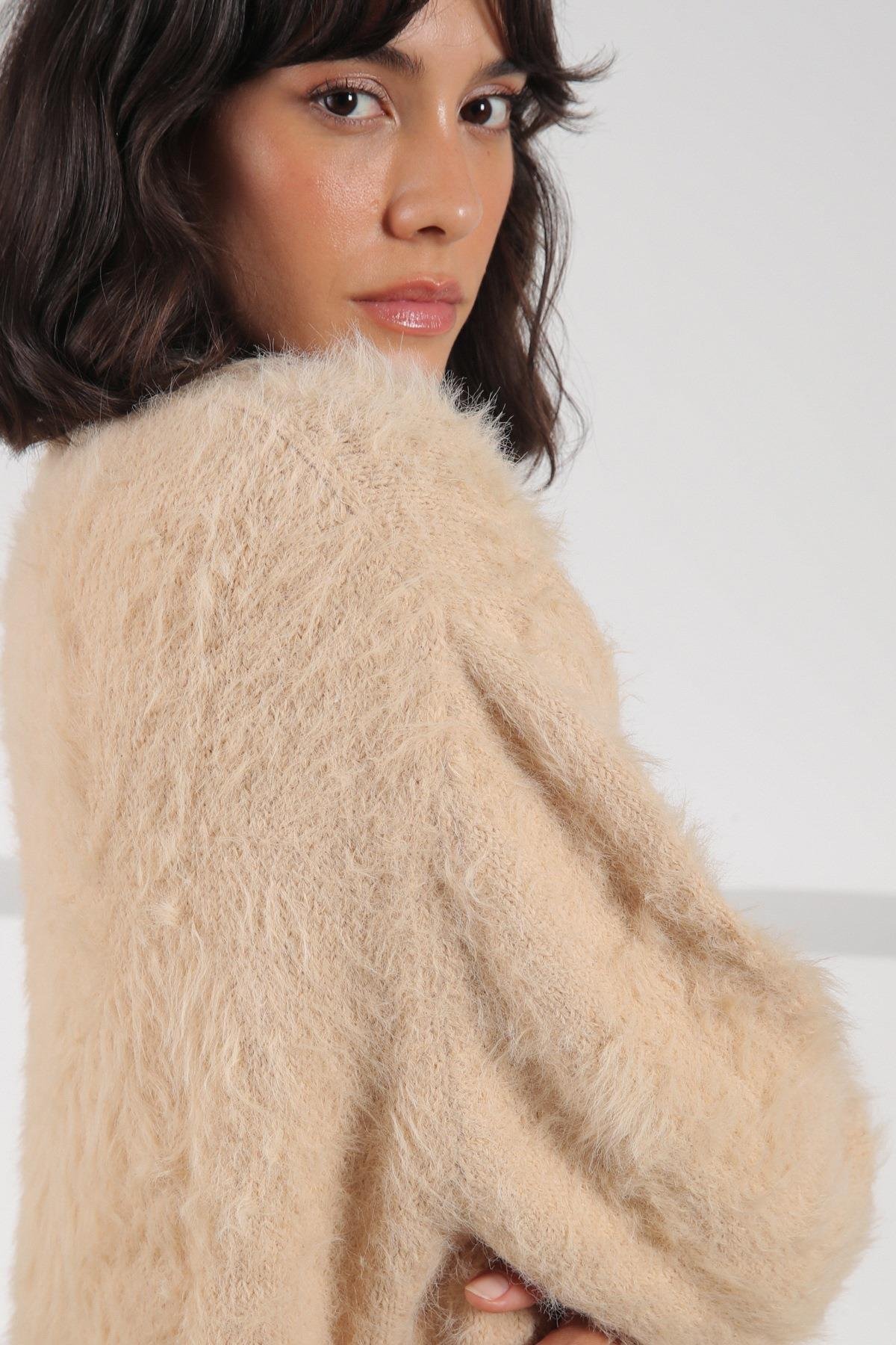 Ferraro Camel Bisiklet Yaka Yünlü Kadın Triko Kazak