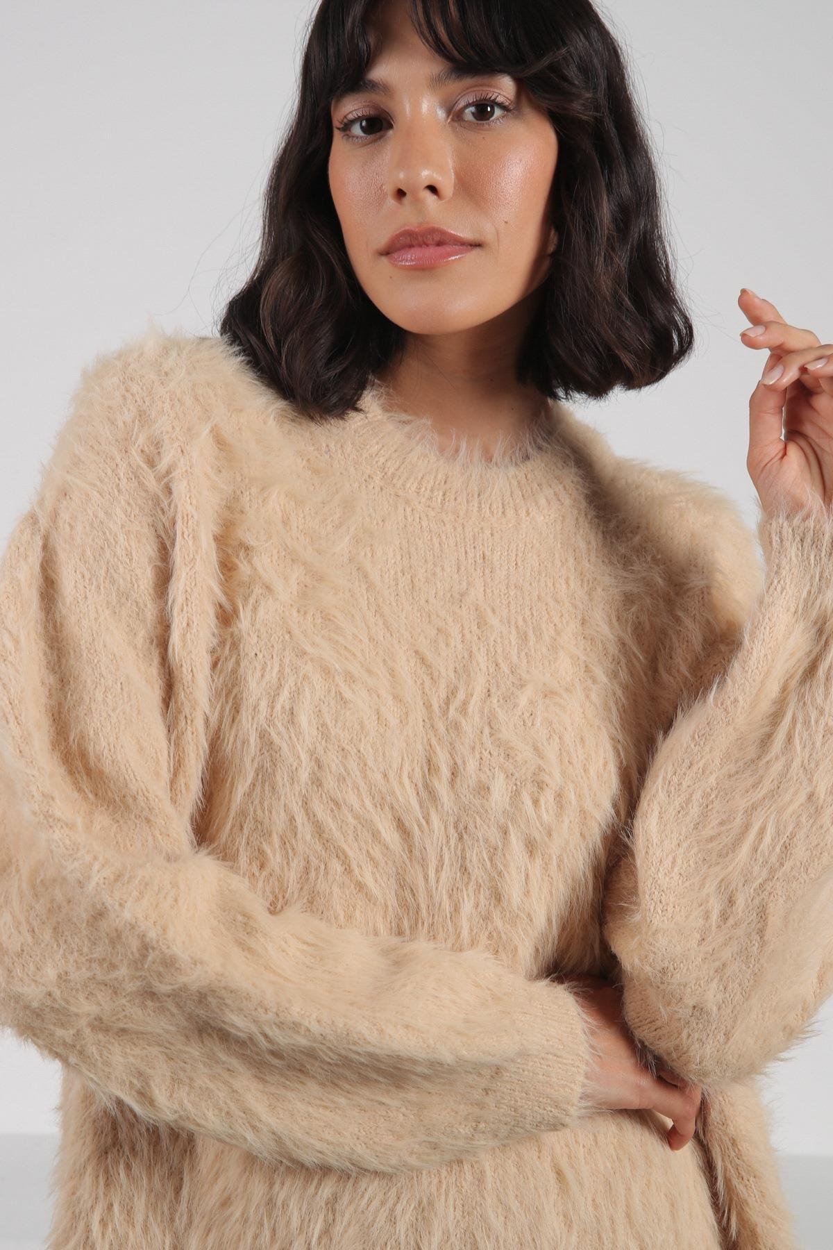 Ferraro Camel Bisiklet Yaka Yünlü Kadın Triko Kazak