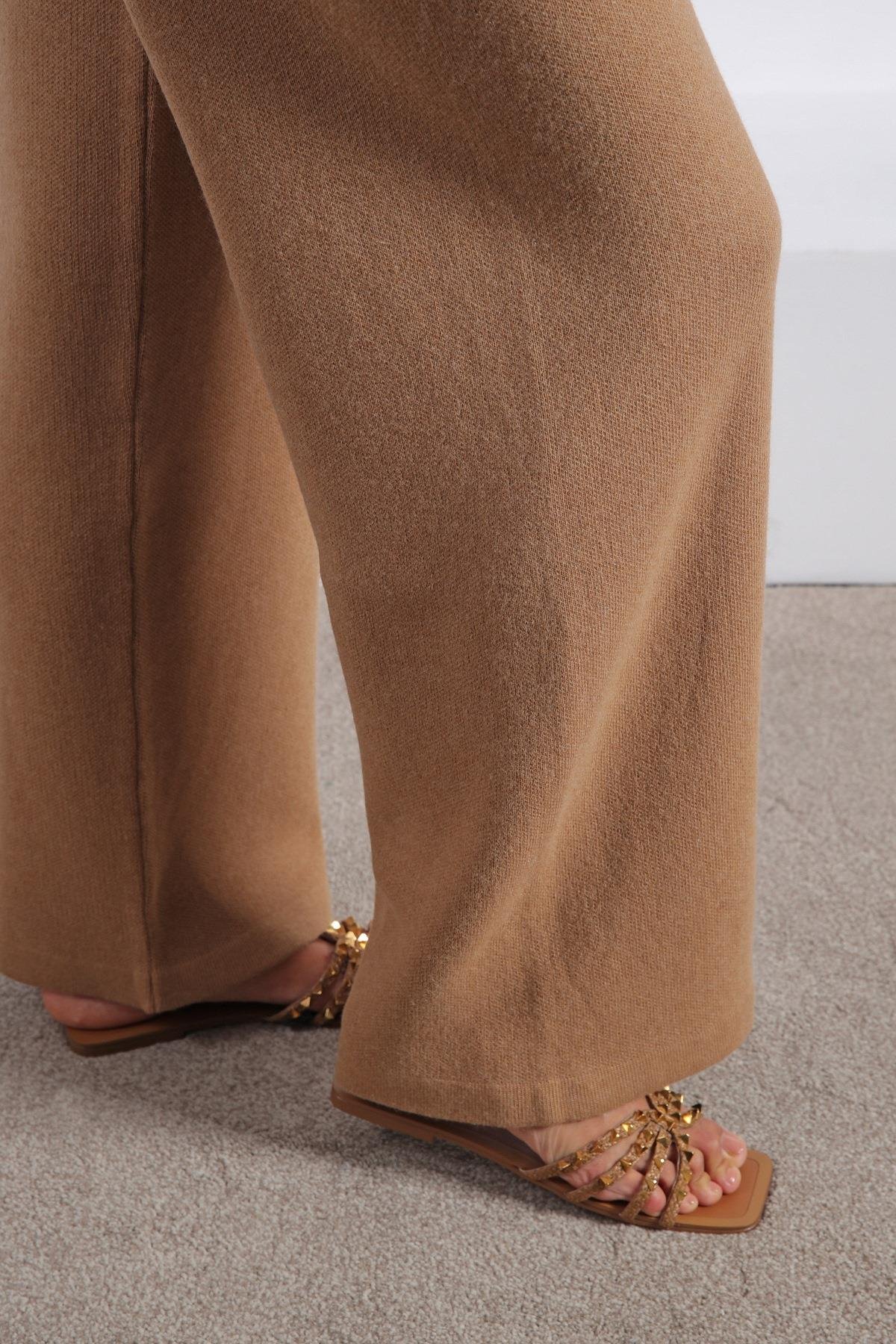 Ferraro Camel Bol Paça Kaşmirli Kadın Triko Pantolon