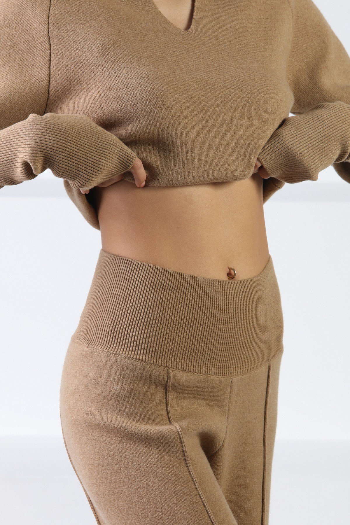 Ferraro Camel Bol Paça Kaşmirli Kadın Triko Pantolon