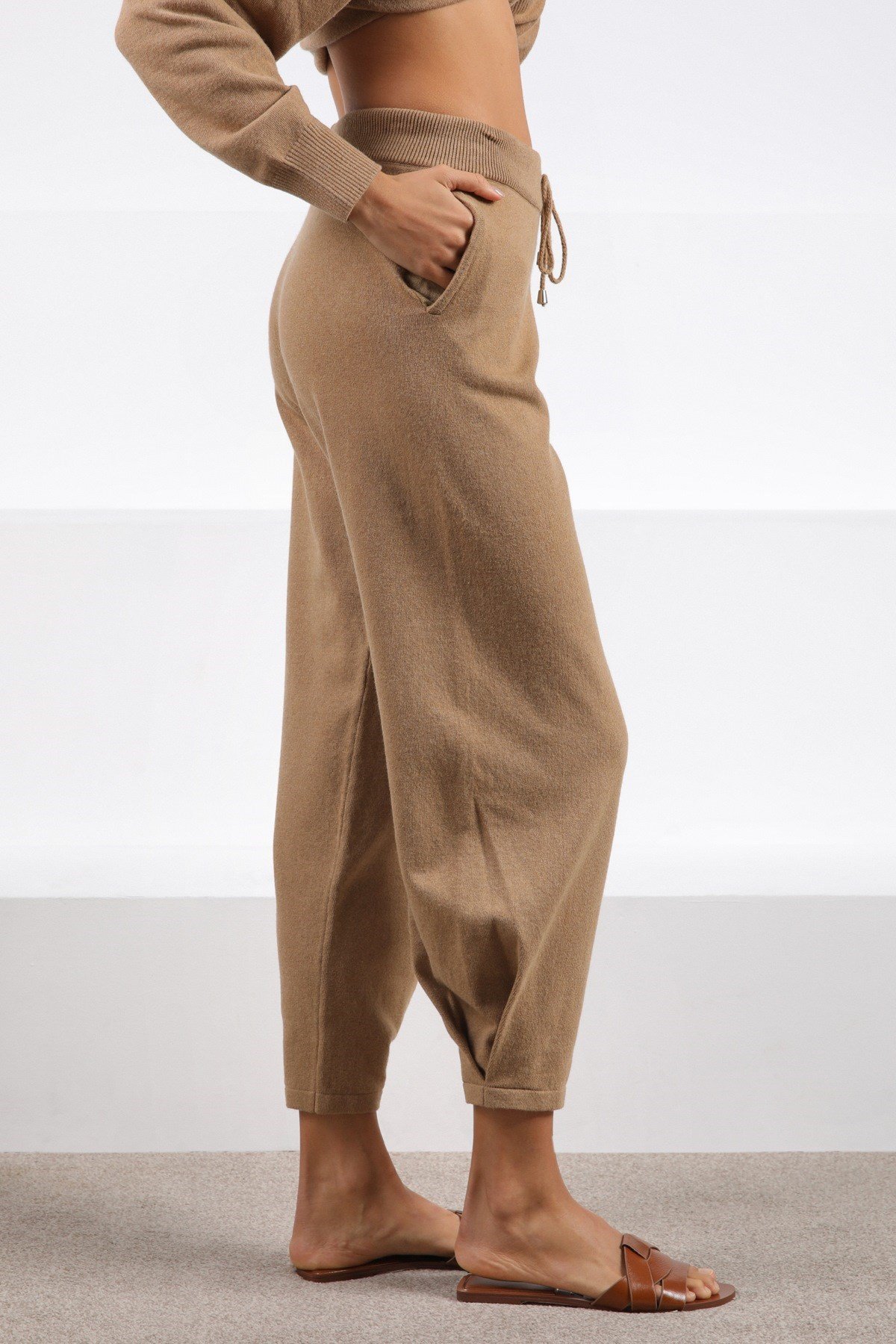 Ferraro Camel Cepli Kaşmirli Kadın Triko Pantolon