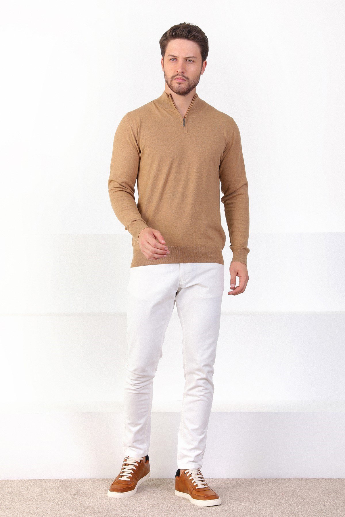 Ferraro Camel Dik Yaka Düz Renk Pamuk Erkek Kazak